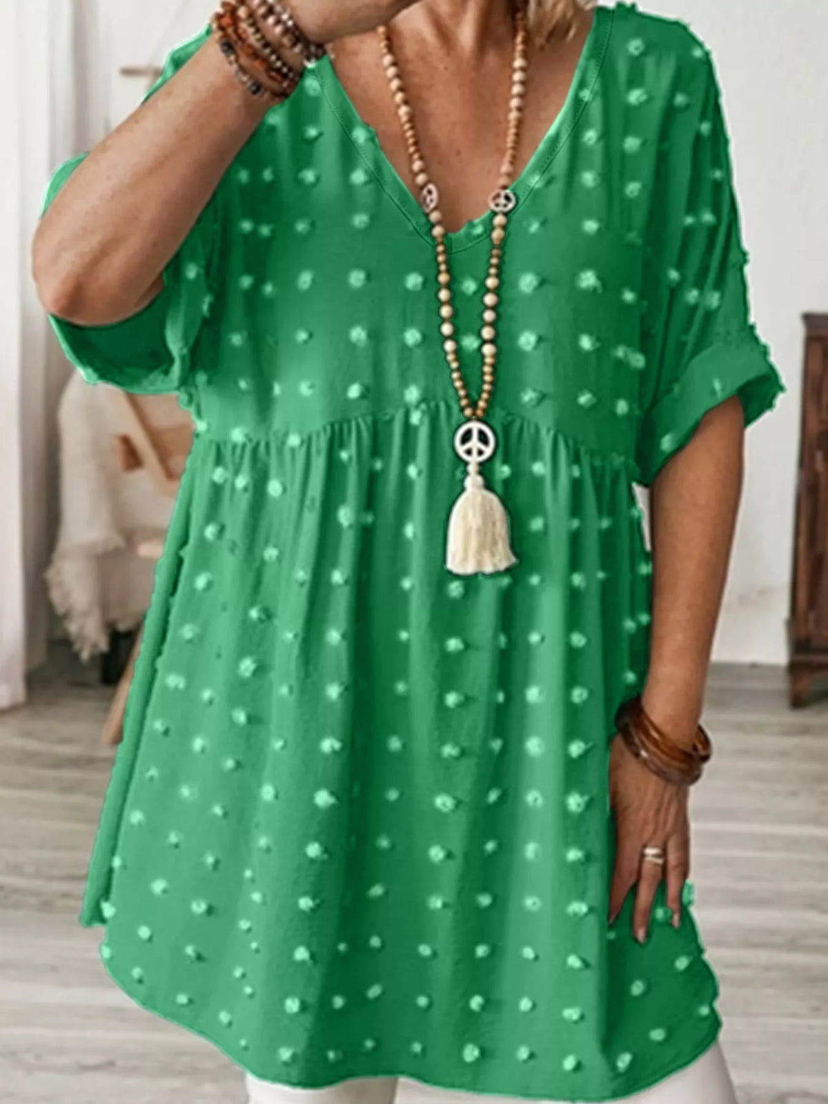 Swiss-dot blouse, green front
