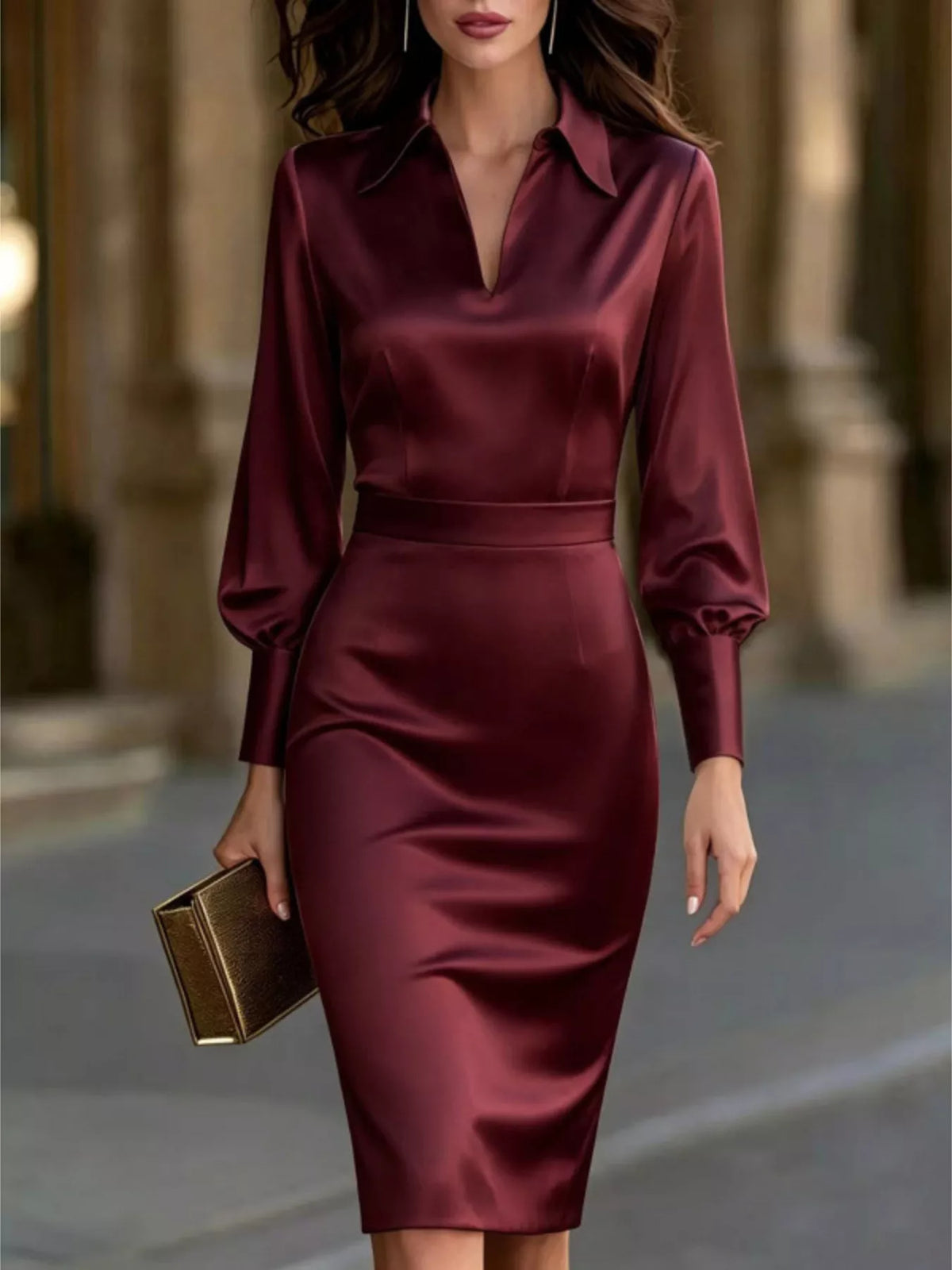 Burgundy satin lantern sleeve midi dress