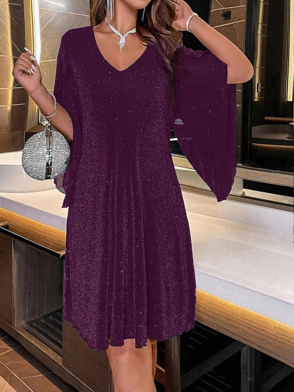 Purple glittering v-neck flutter sleeve dress