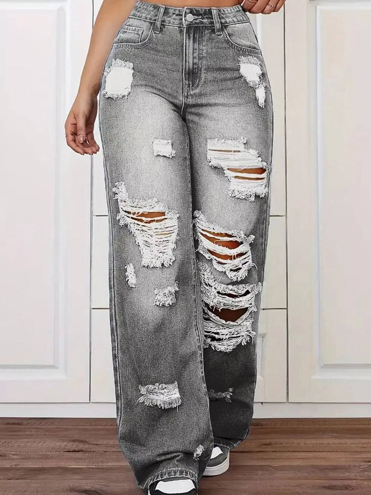 Distressed Wide-Leg Jeans in gray, front view