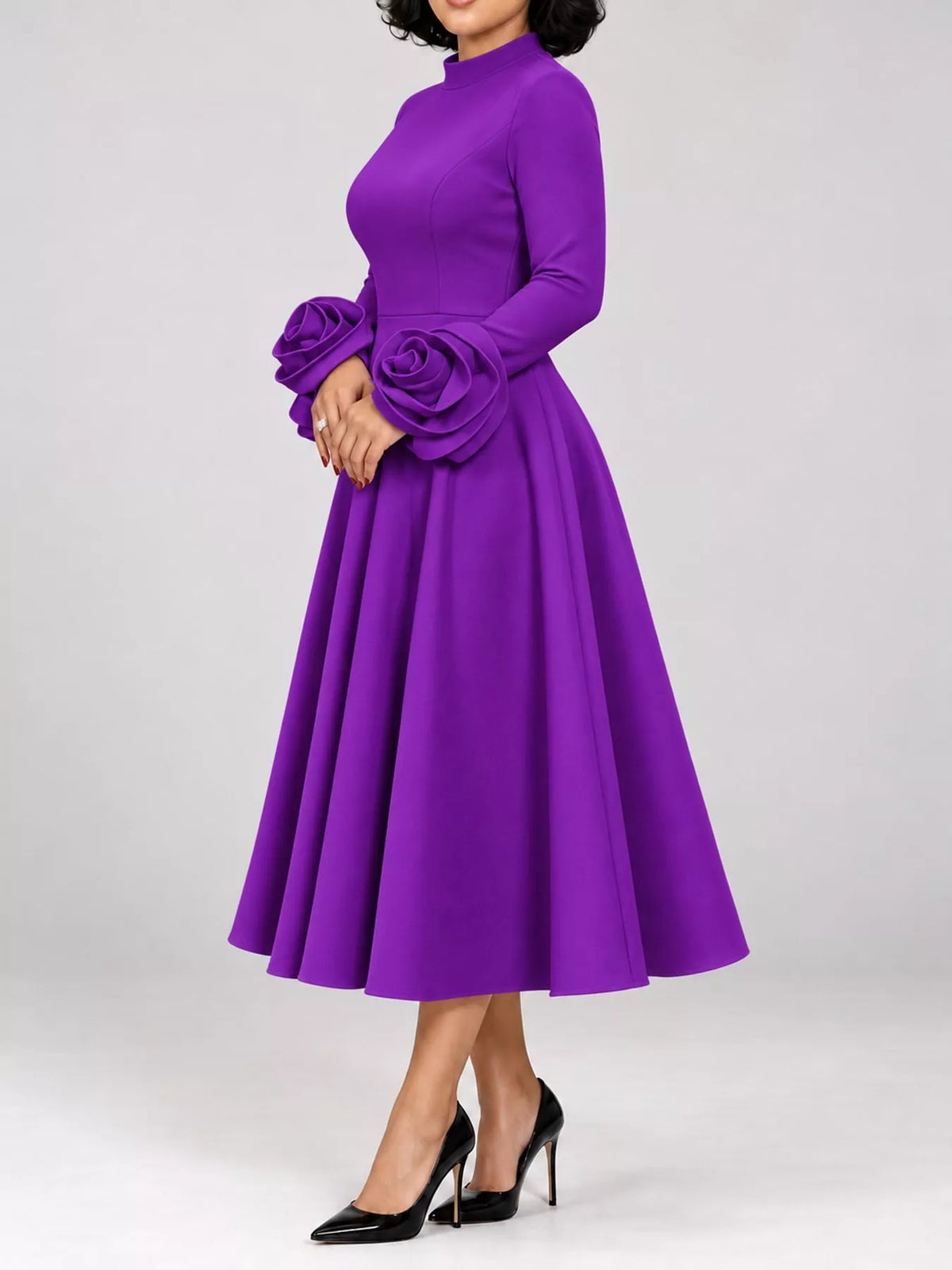 Mock neck long sleeve midi dress, side view