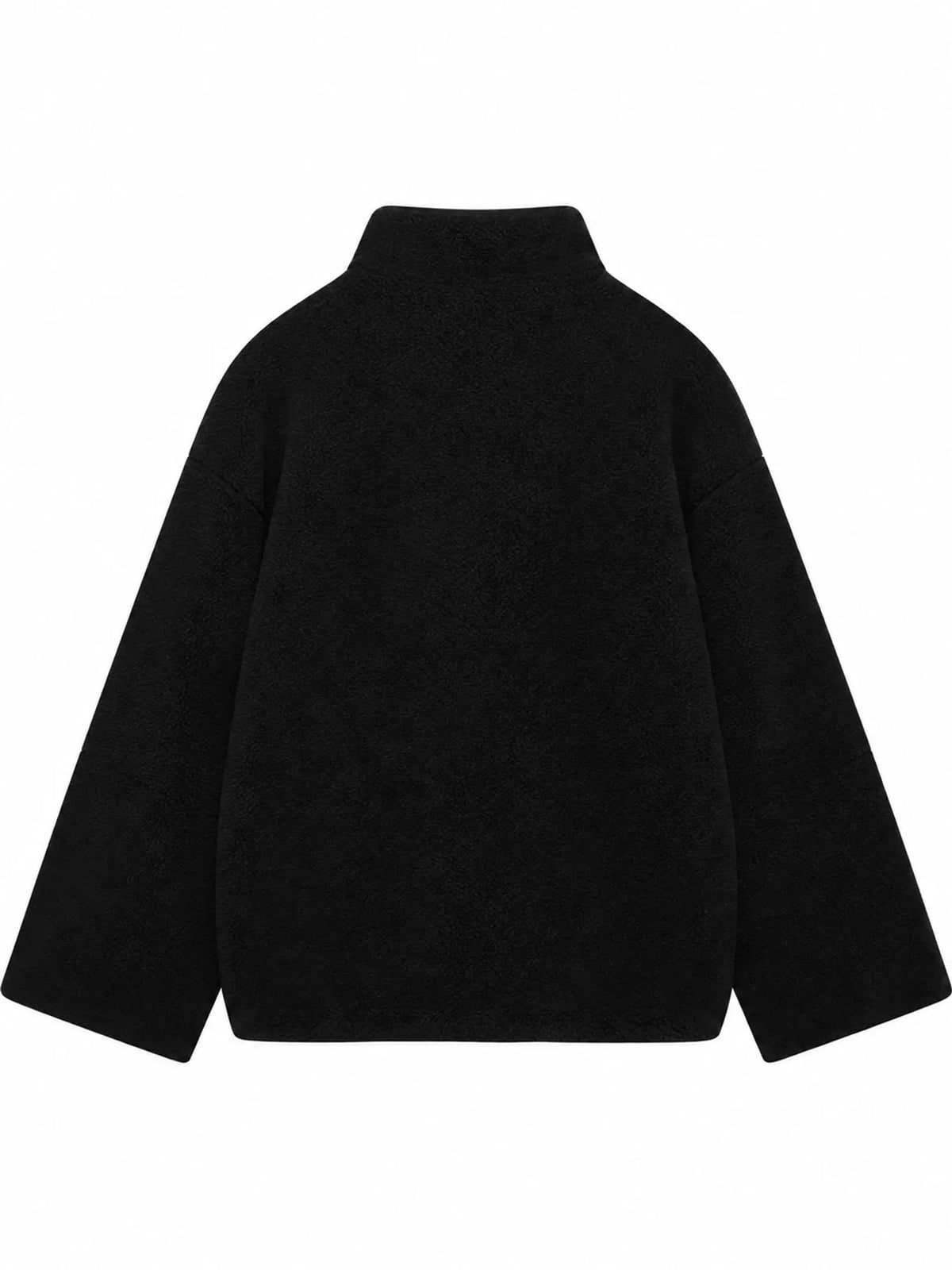 Black oversized sherpa fleece zip-up jacket, back view