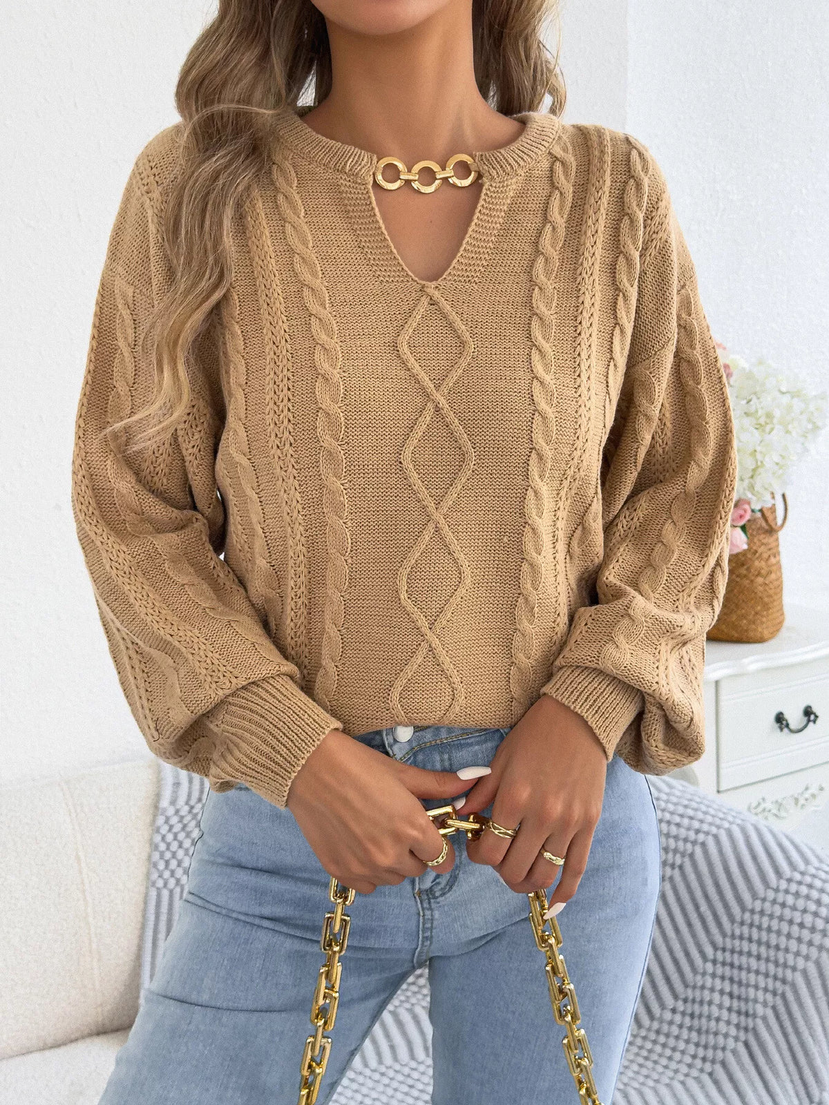 Khaki cable knit notched sweater