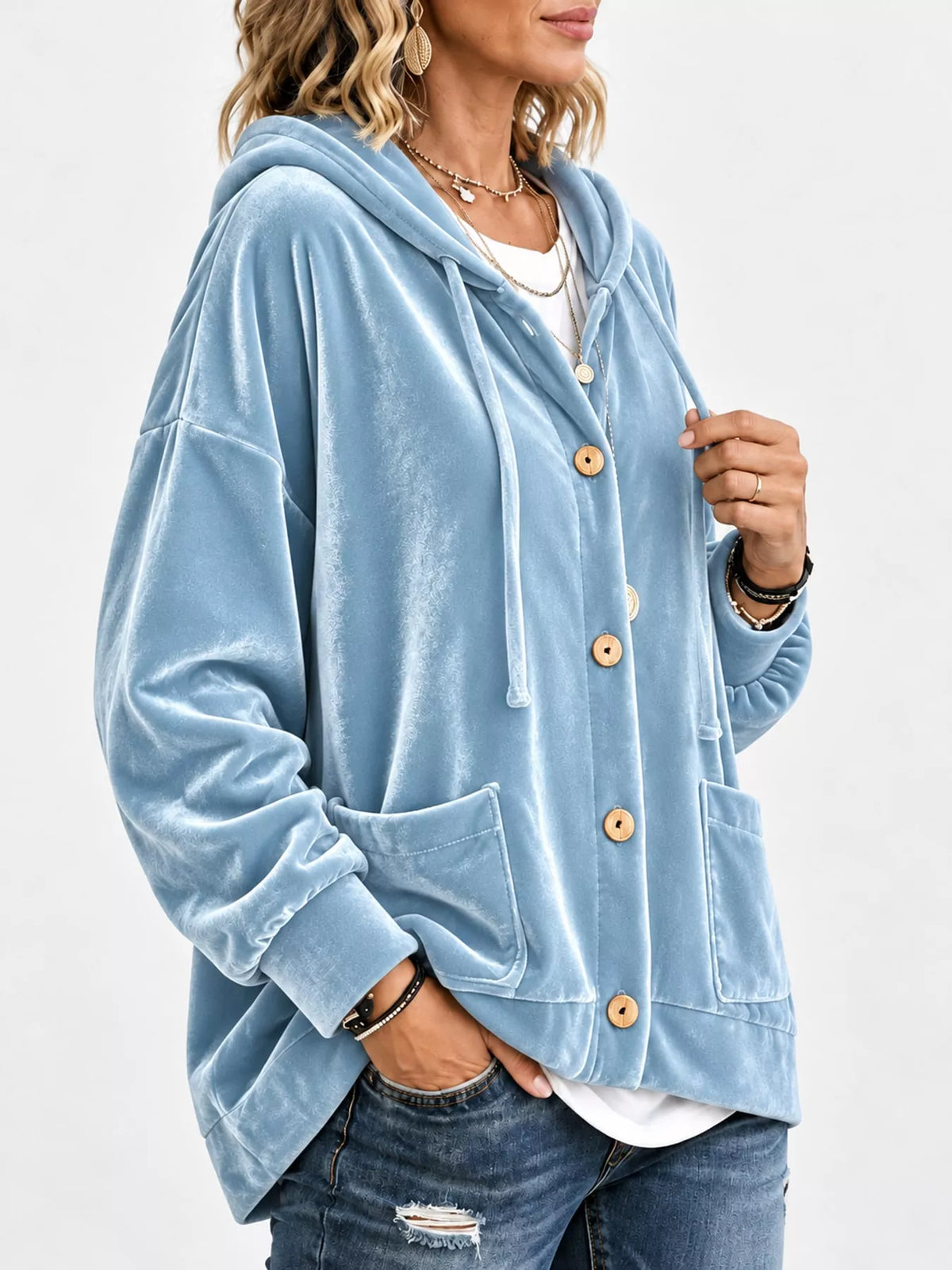 Light blue velvet dropped shoulder hoodie, side view