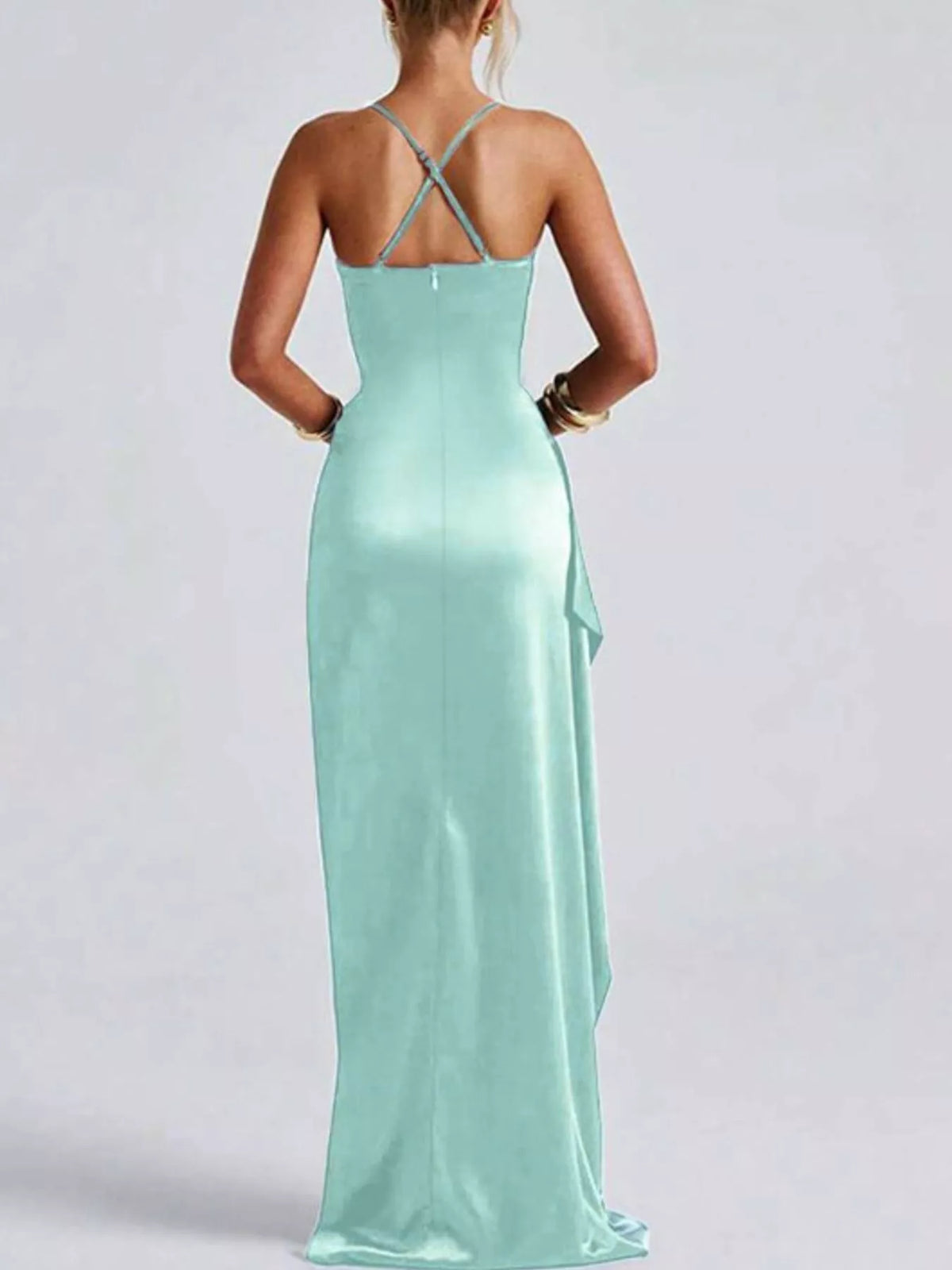 Turquoise satin ruched high slit maxi dress, back view