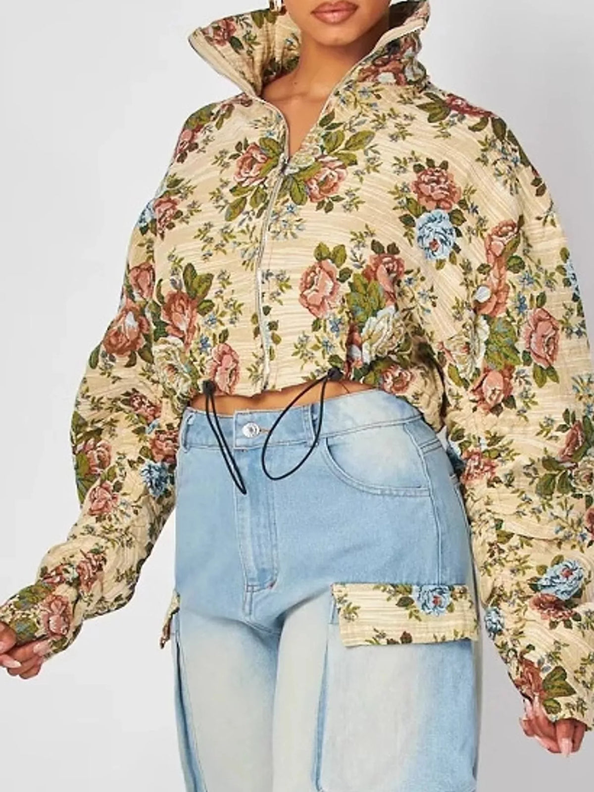 Floral jacket and cargo jeans set, floral jacket and drawstring hem detail