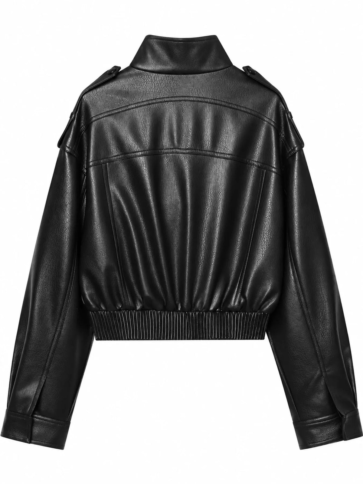 Black faux leather cropped bomber jacket — back view