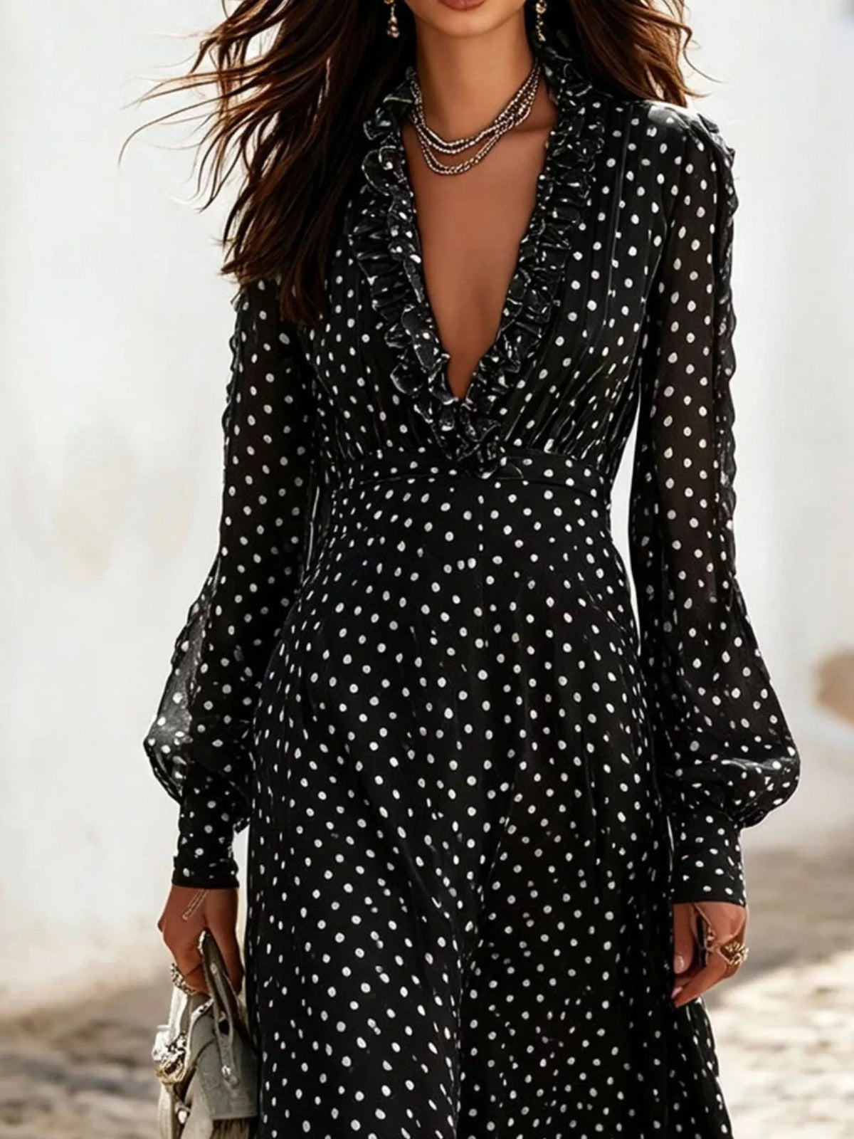 Polka-dot ruffle v-neck maxi dress
