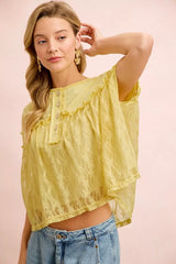 Trendsi BiBi Solid Jersey With Lace Combo Ruffled Buttoned Top -
