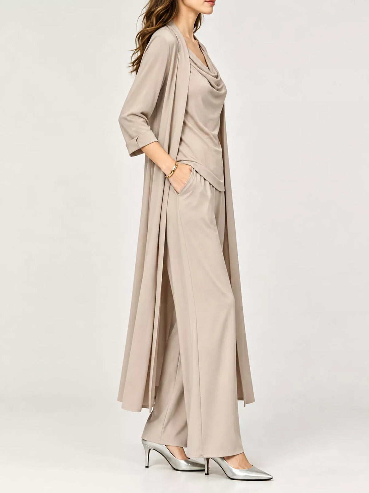 Beige cowl neck top, cardigan and pants set, side view