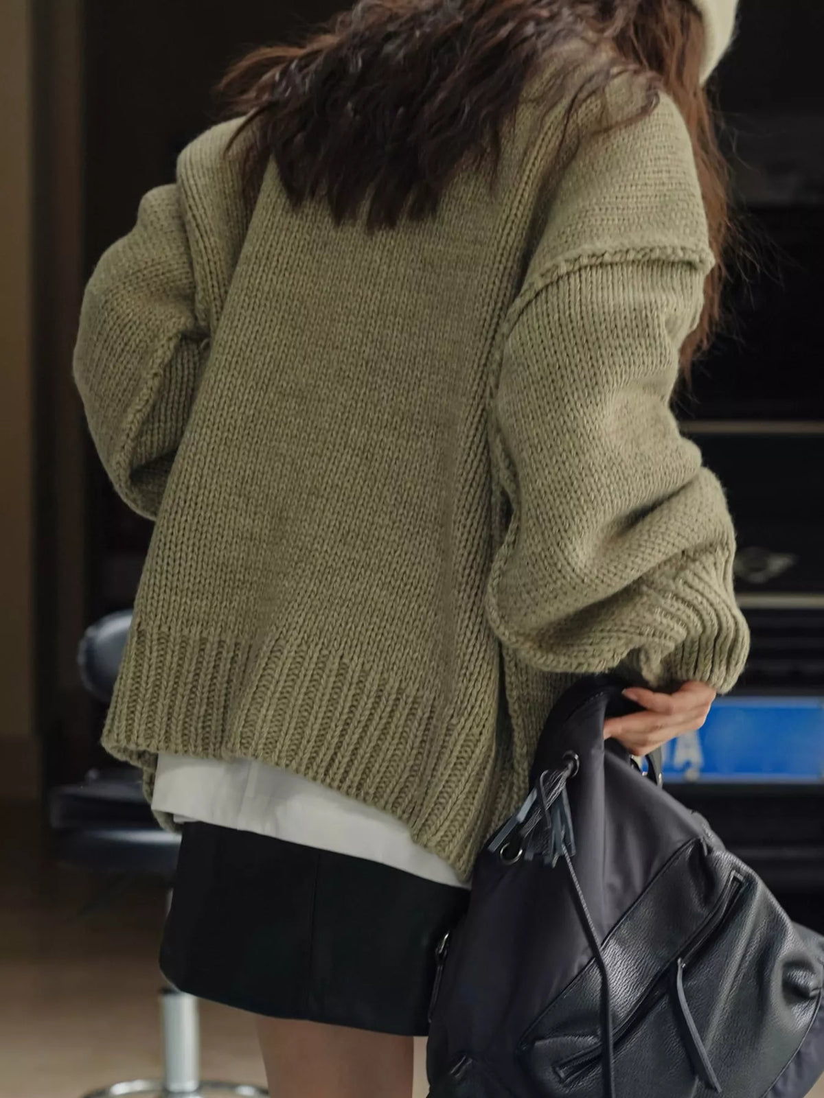 Oversized Chunky Knit Cardigan with Textured Button Placket, back view in green