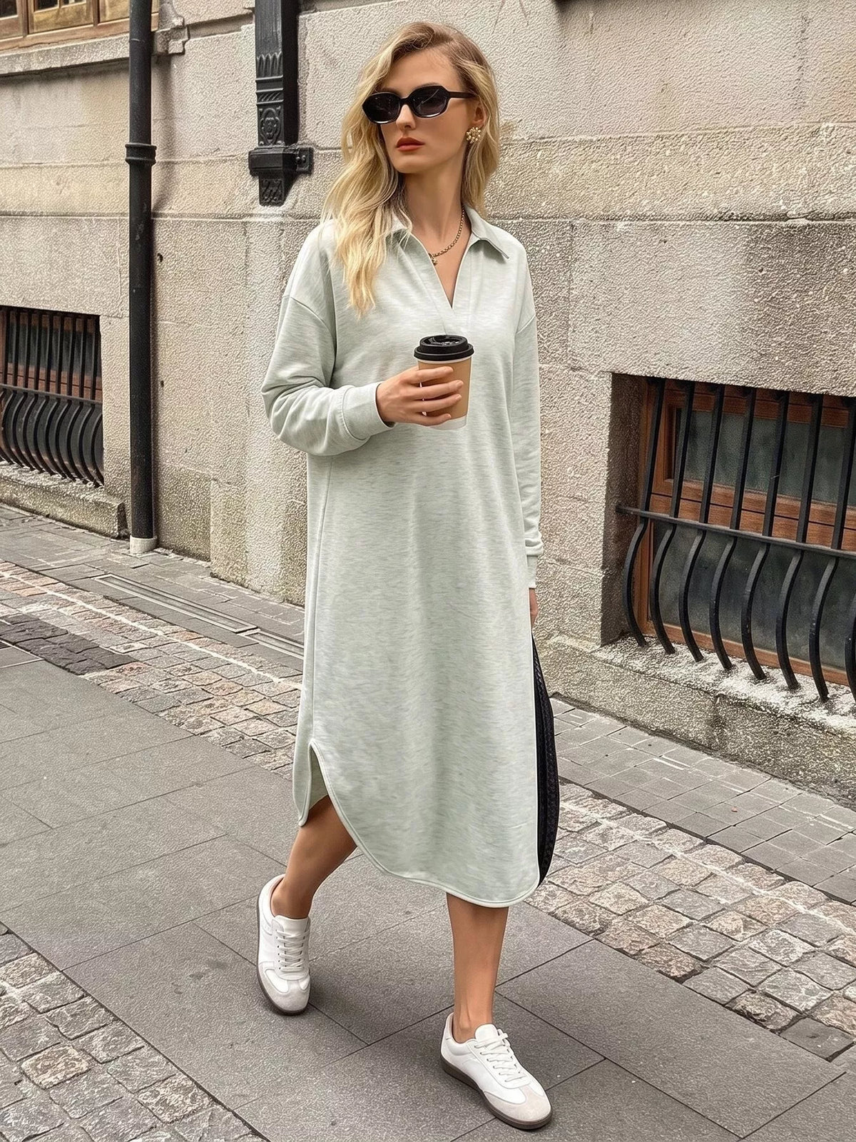 Light gray polo-collar midi dress, angled front view
