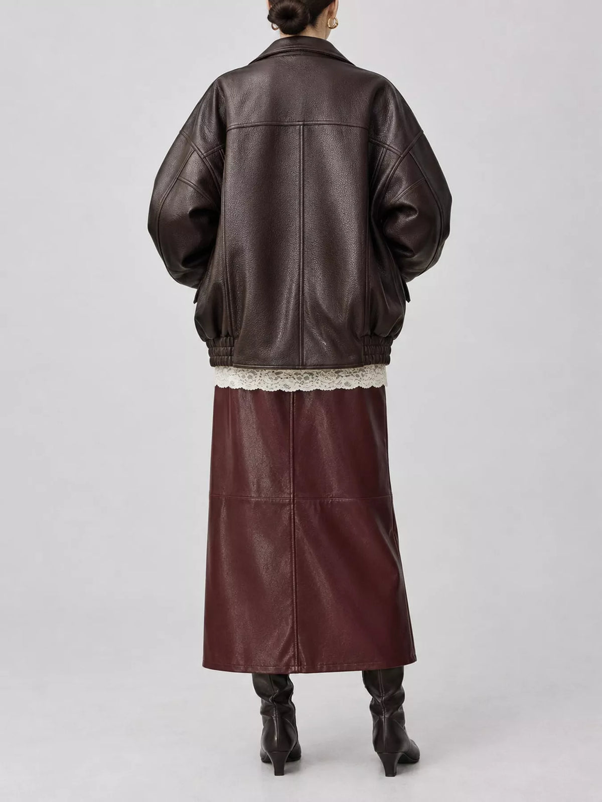 Snap Down Leather Jacket in dark brown, back view