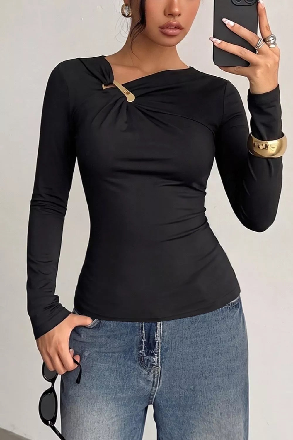 Black asymmetric ruched long-sleeve top