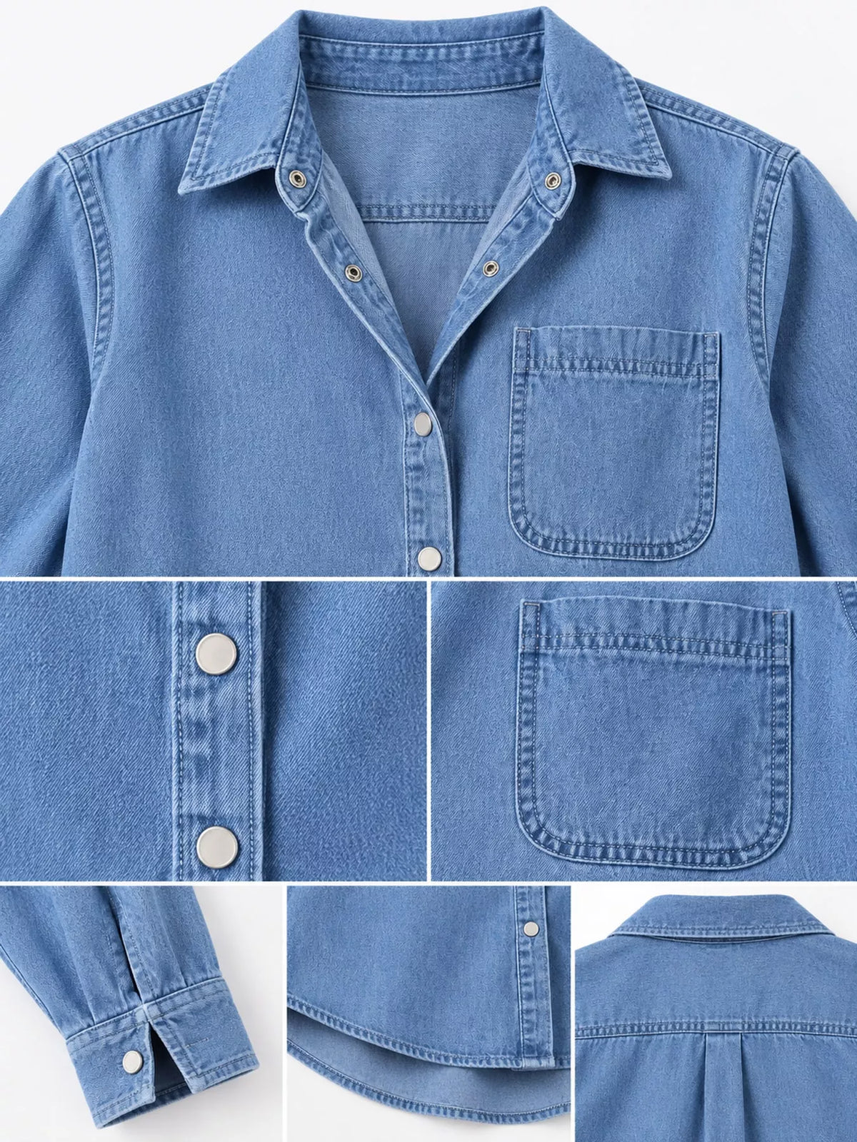 Snap Down Denim Shirt in denim blue, construction detail