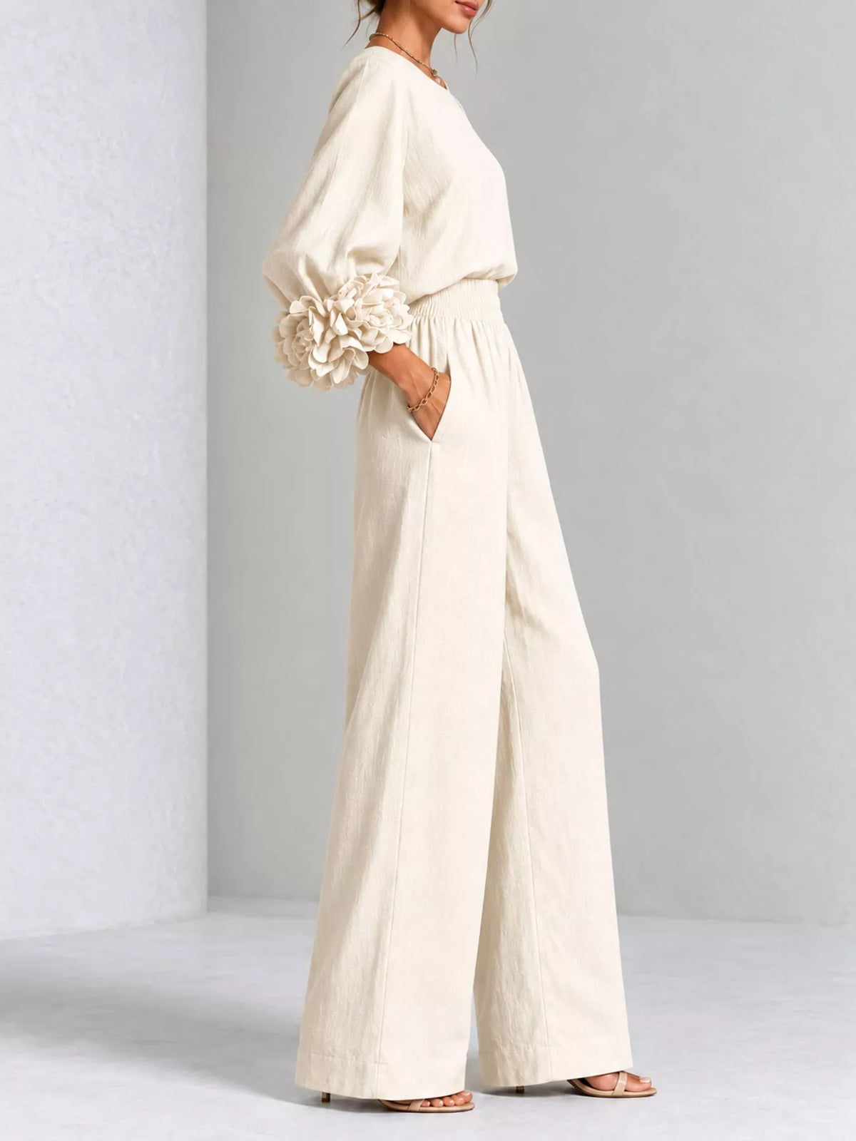 Floral Sleeve Embellishments Top and Pants Set — side view