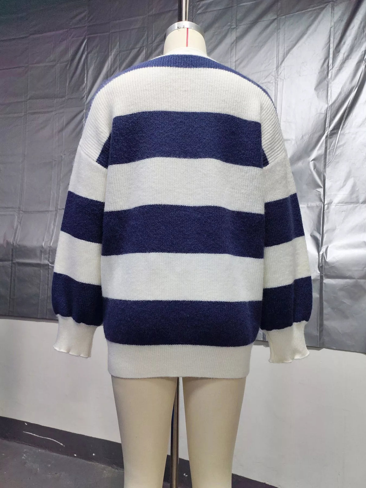 Striped cardigan, navy and white back