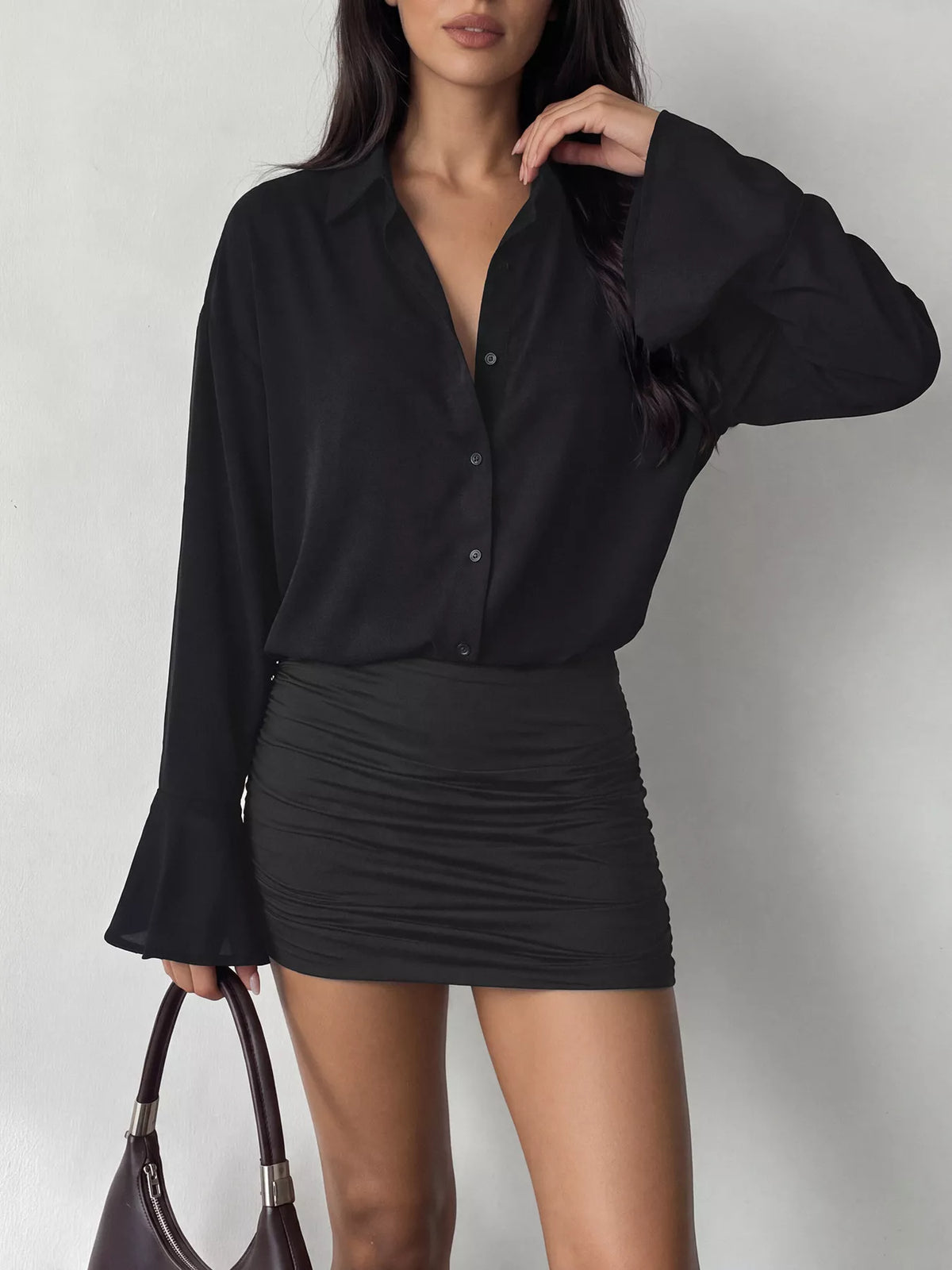 Black flounce sleeve ruched mini shirt dress, front bodice and skirt