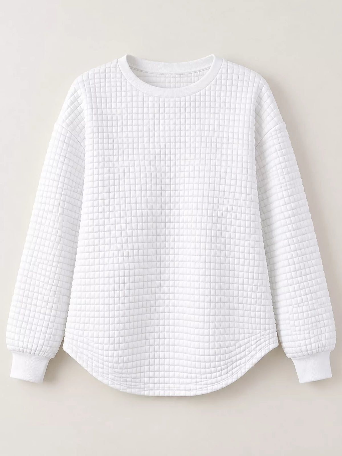 White waffle knit sweatshirt with curved hem