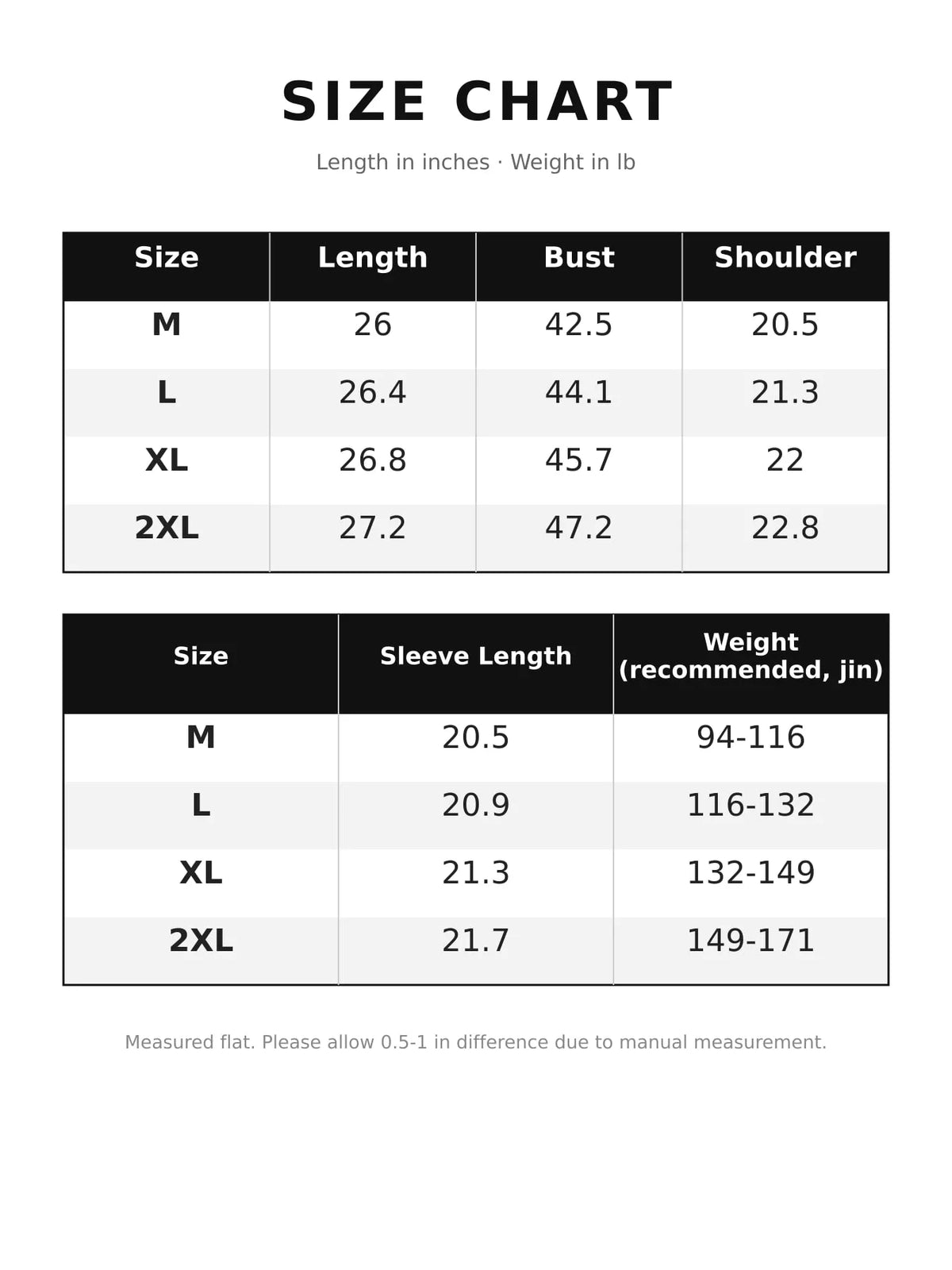 Size chart for fleece stand-collar zip-up jacket