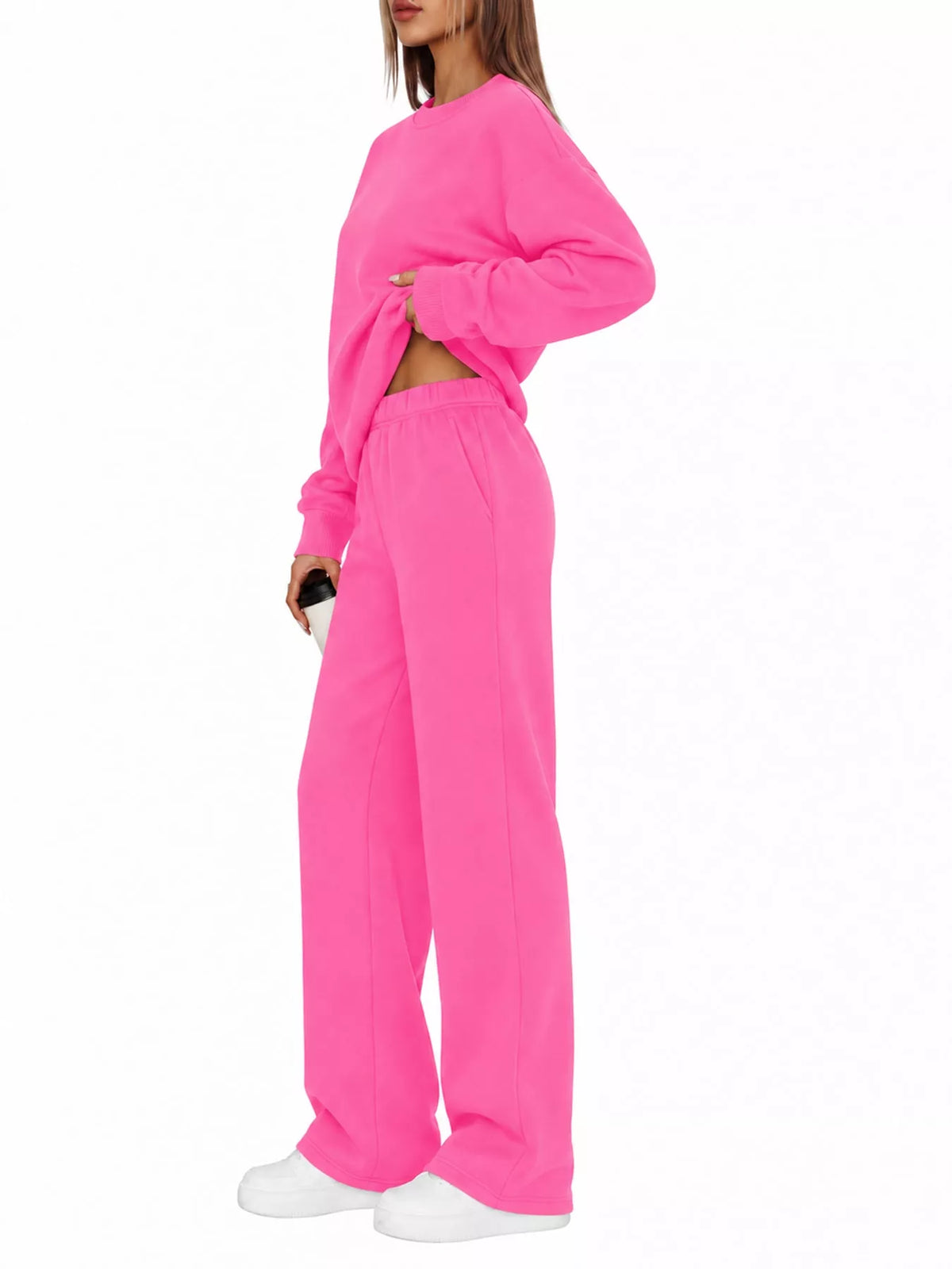 Crewneck Drop Shoulder Sweatshirt and Wide-Leg Pants Set — side view