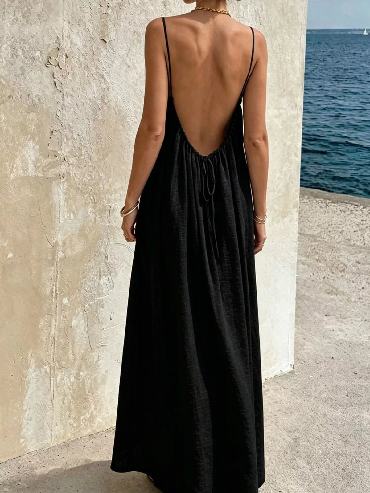 Backless Spaghetti Strap Maxi Dress — back view