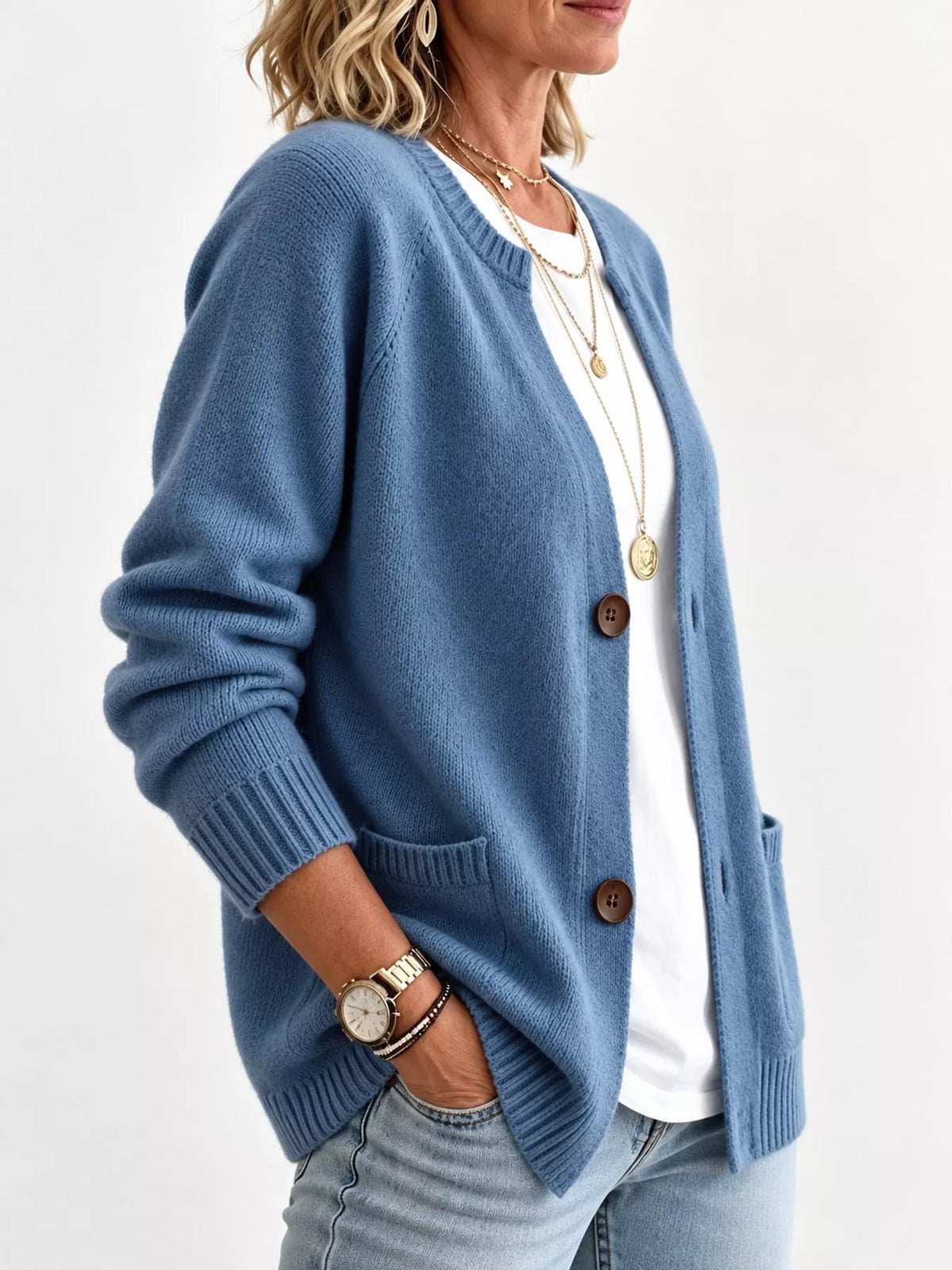 Women's Button-Down Knit Cardigan in blue — side view