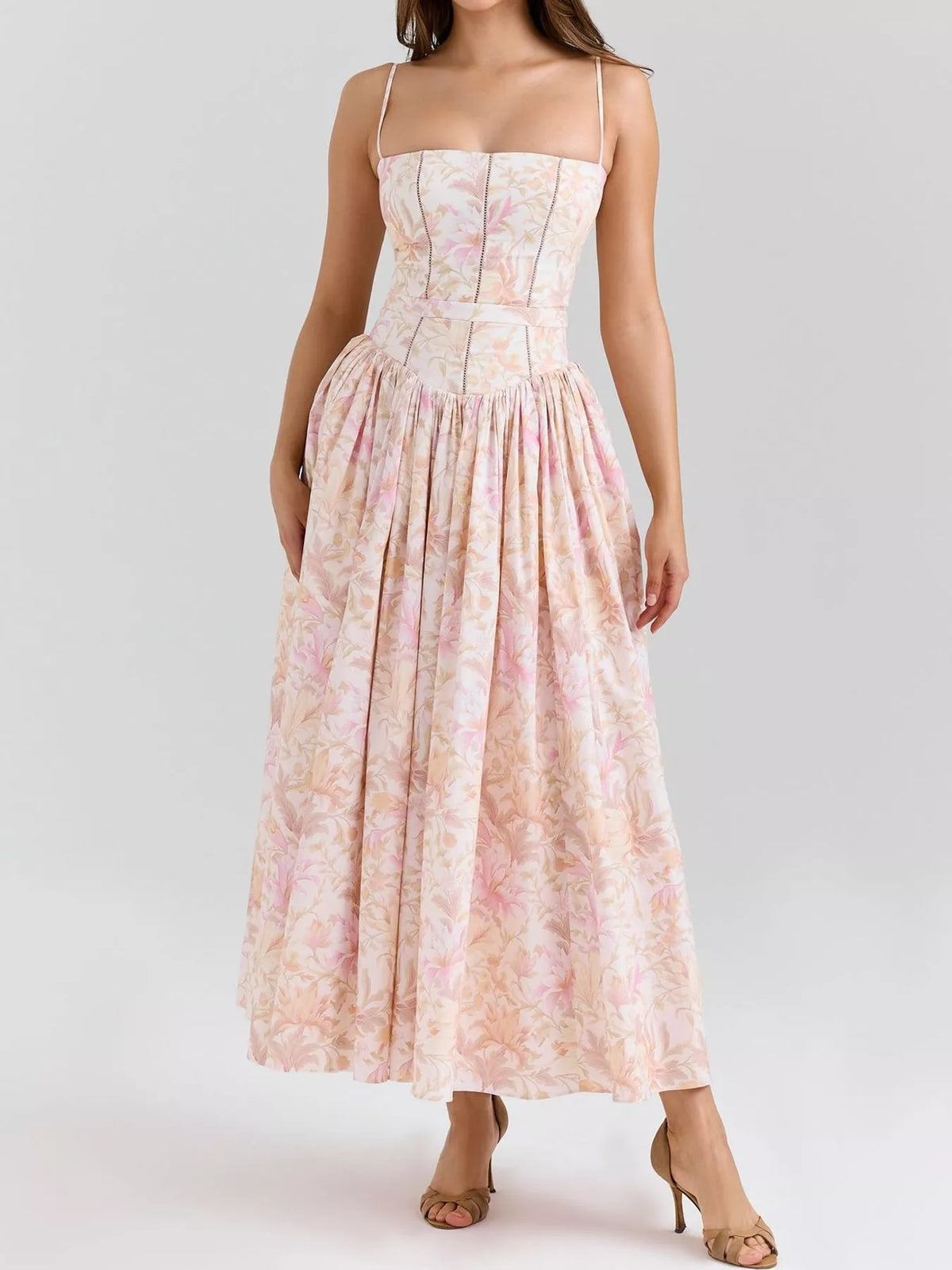 Women's Paneled Bodice Gathered Midi Dress in peach floral — front view
