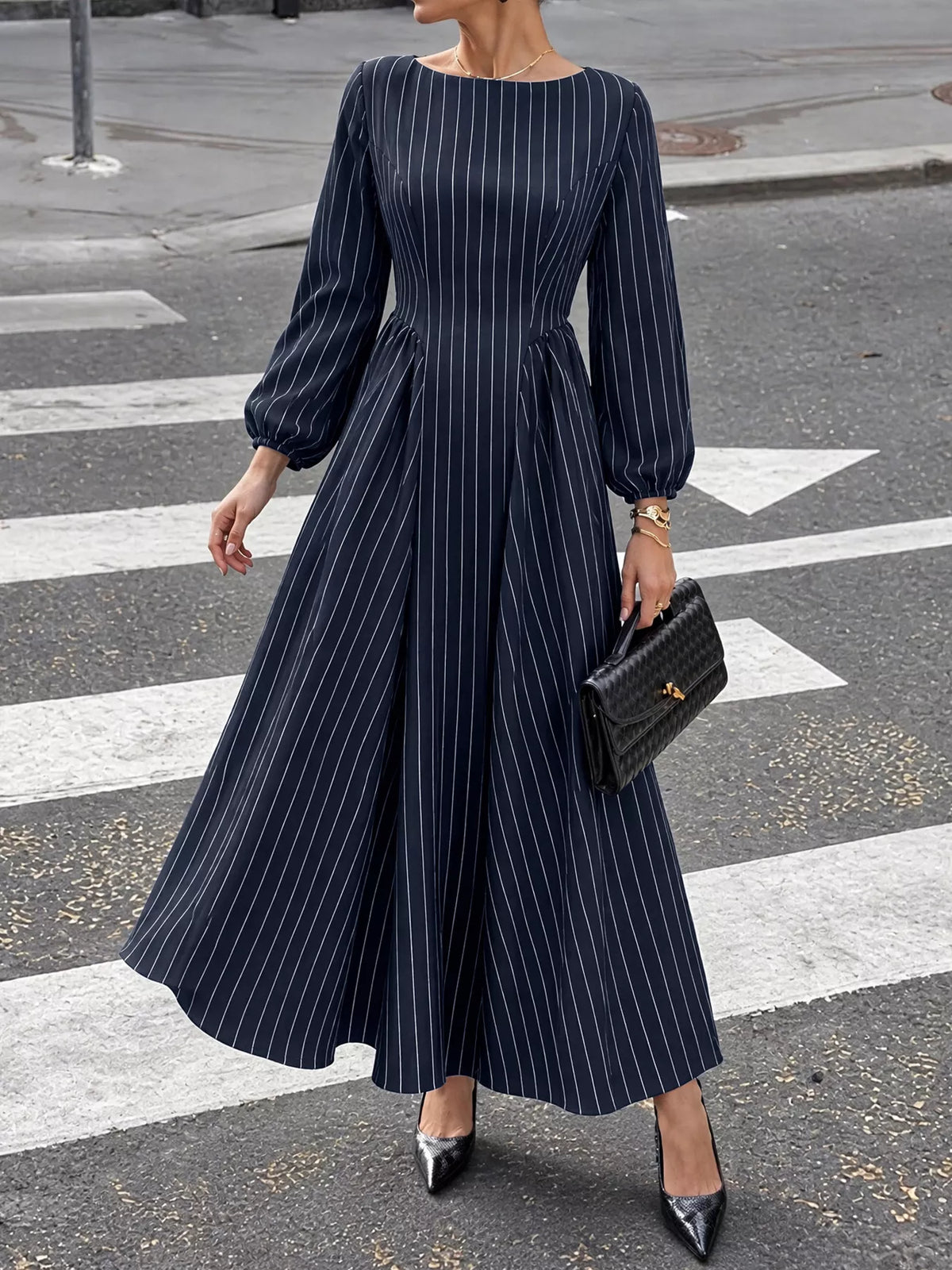 Striped Balloon Sleeve Maxi Dress — front view