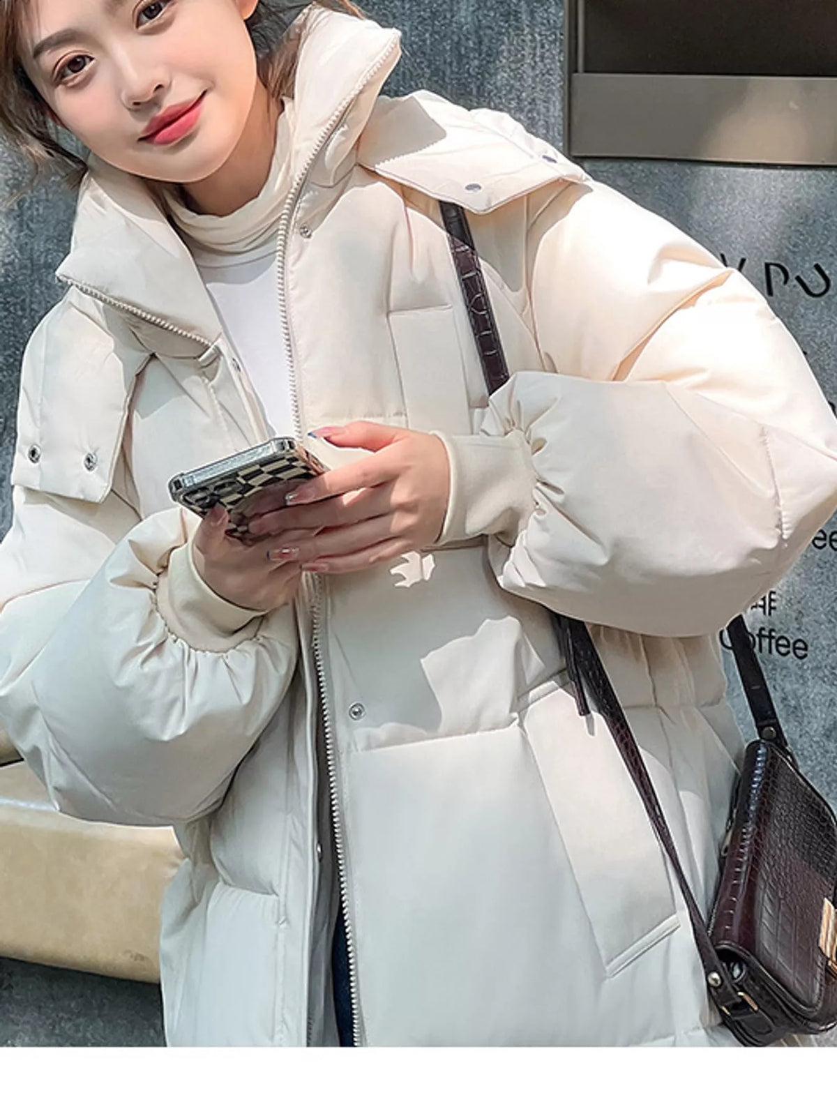 Longline puffer coat, cream collar front