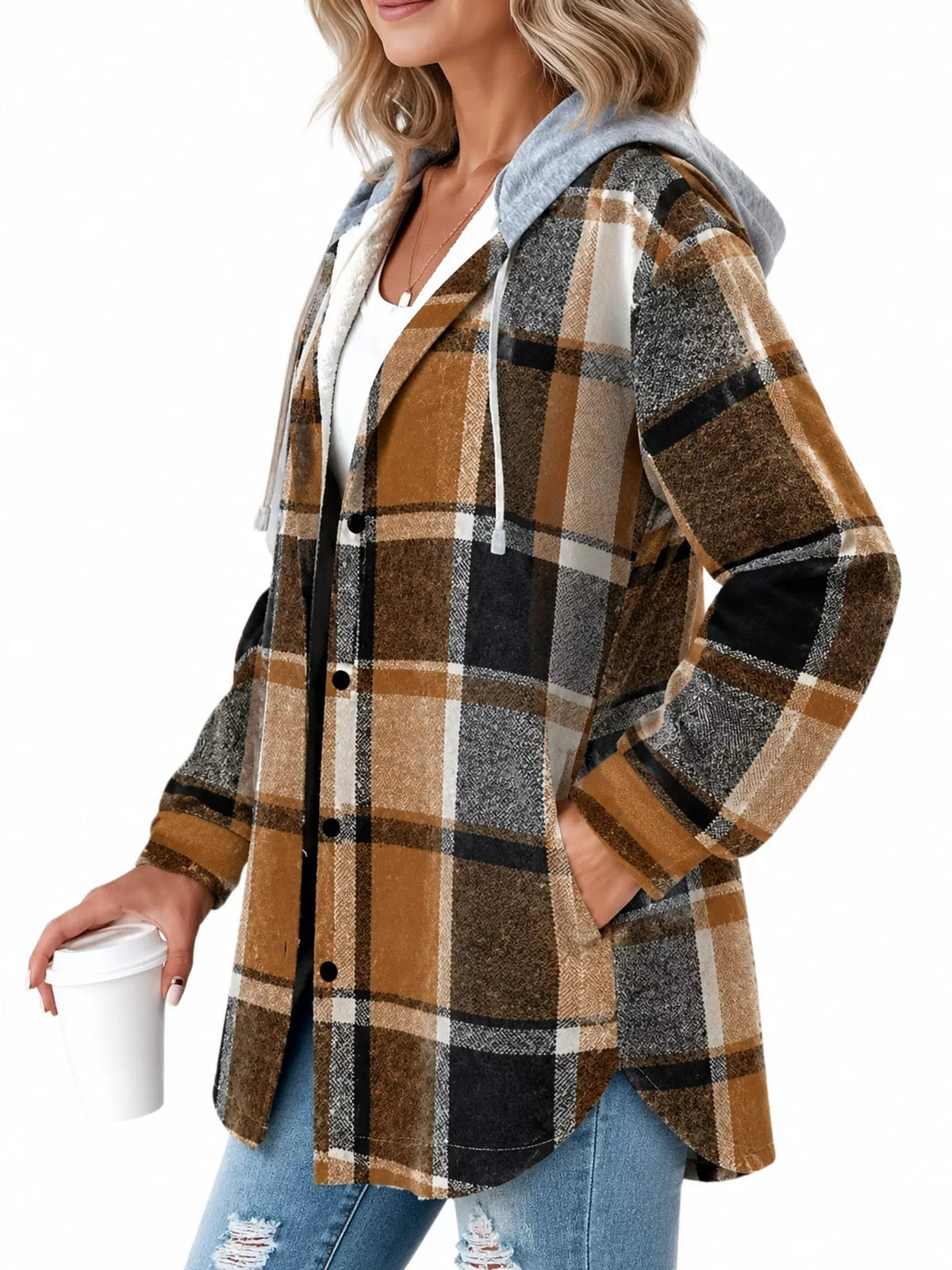 Button-Down Printed Contrast Hooded Shacket — side view