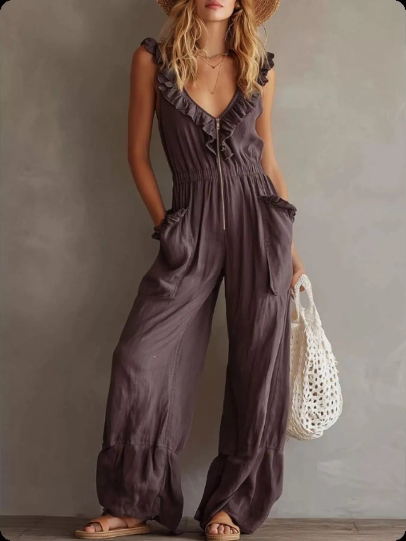 Trendsi Ruffled V-Neck Wide Leg Jumpsuit -