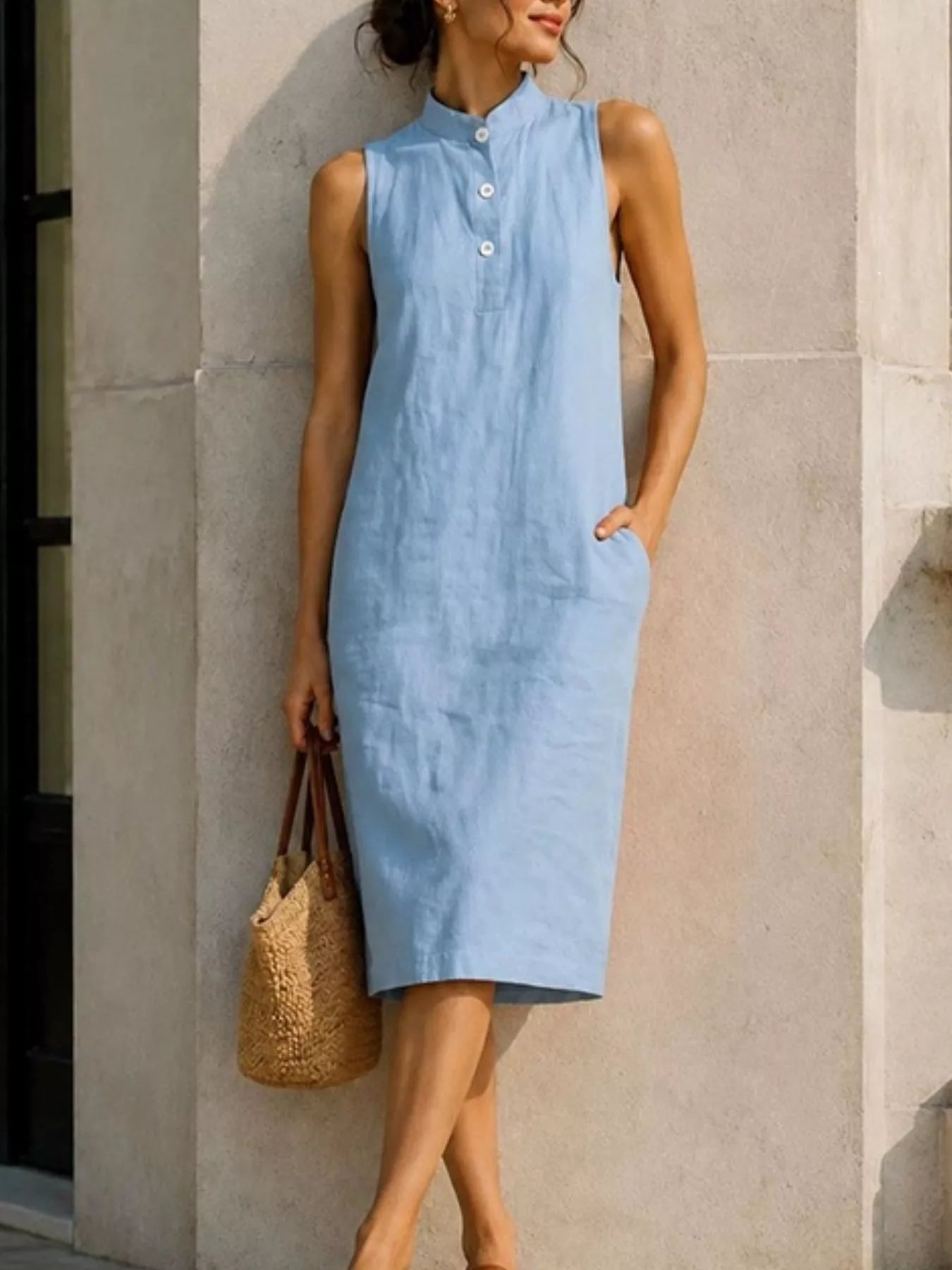 Trendsi Button Detail Sleeveless Midi Dress -
