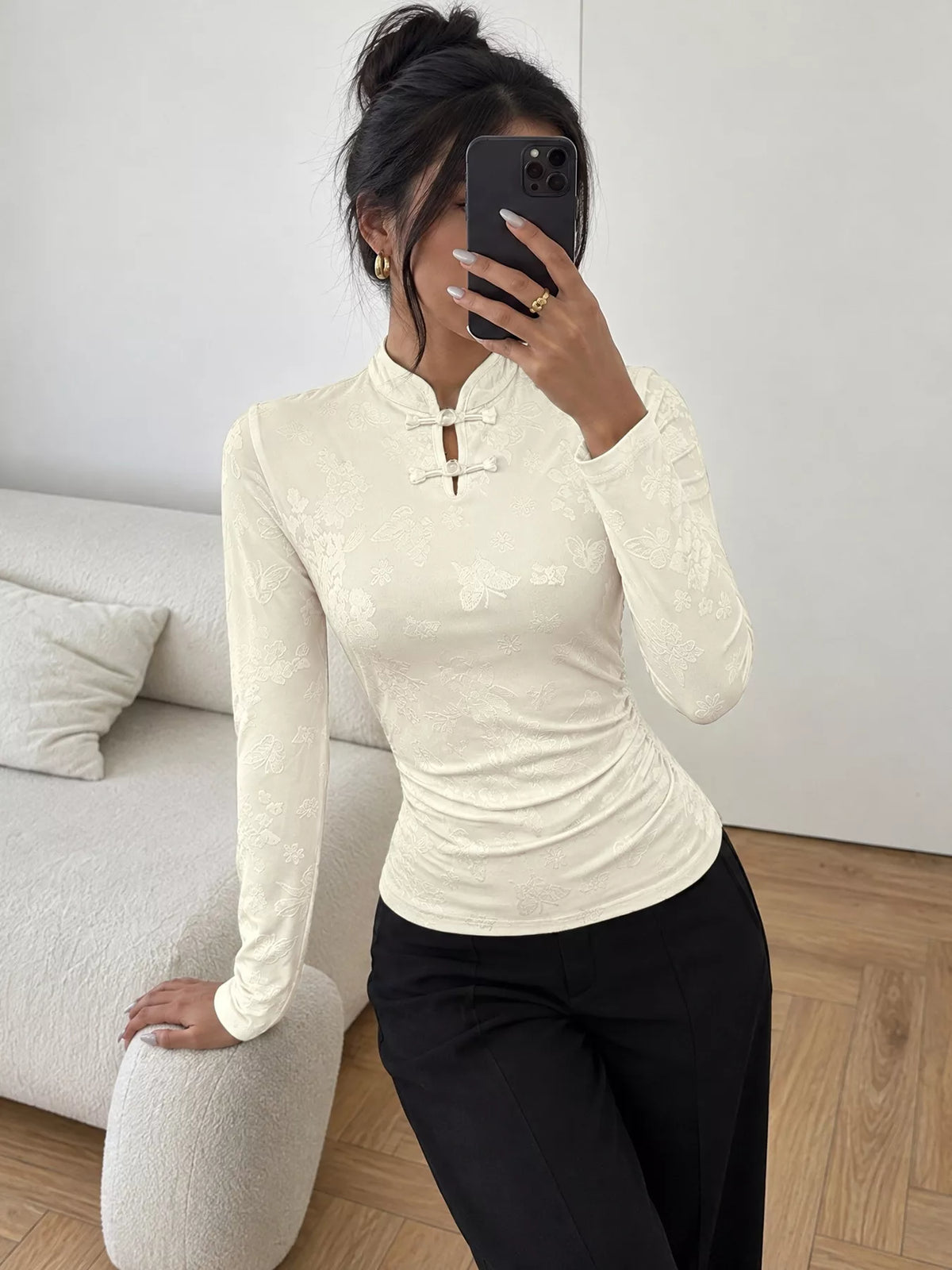 Ivory floral jacquard top with Mandarin collar and loop-button neckline