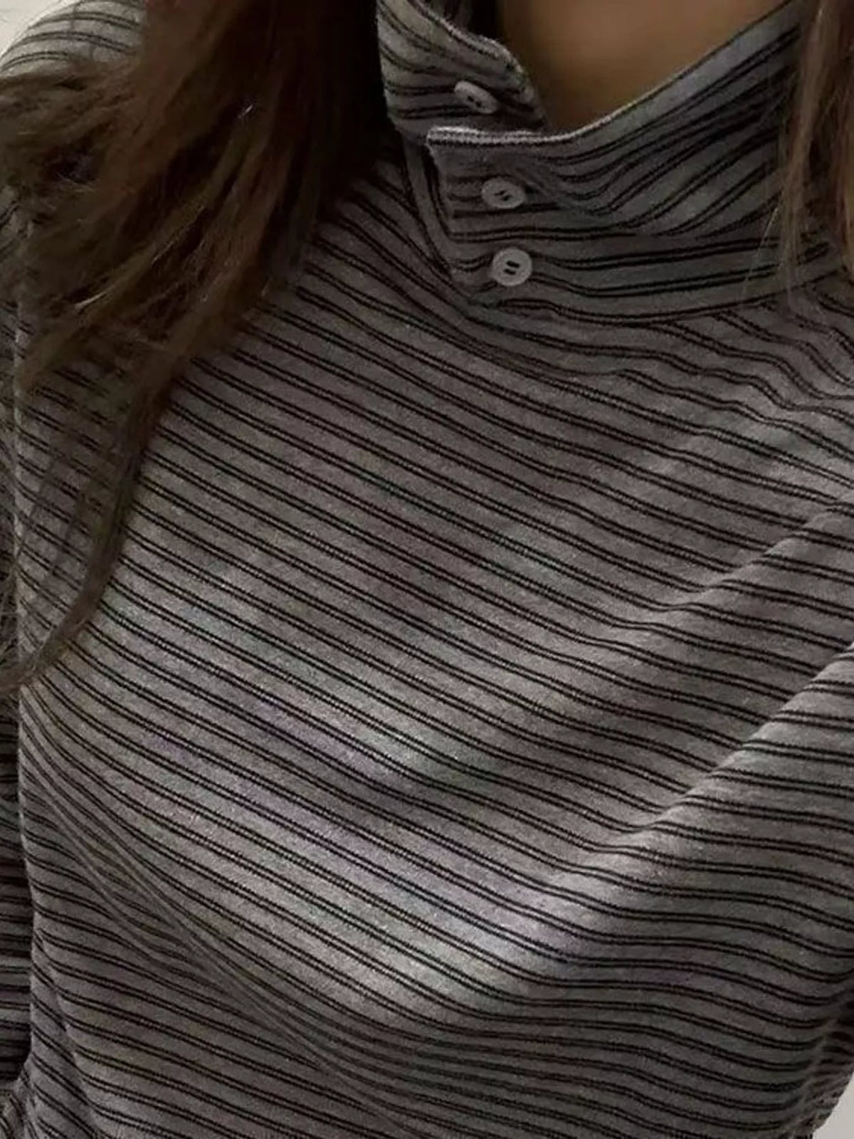 Dark Gray striped mock neck button-detail long sleeve t-shirt