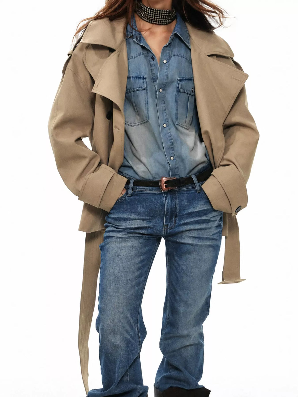 Women's Belted Waist Button Up Trench Jacket in beige — open front view