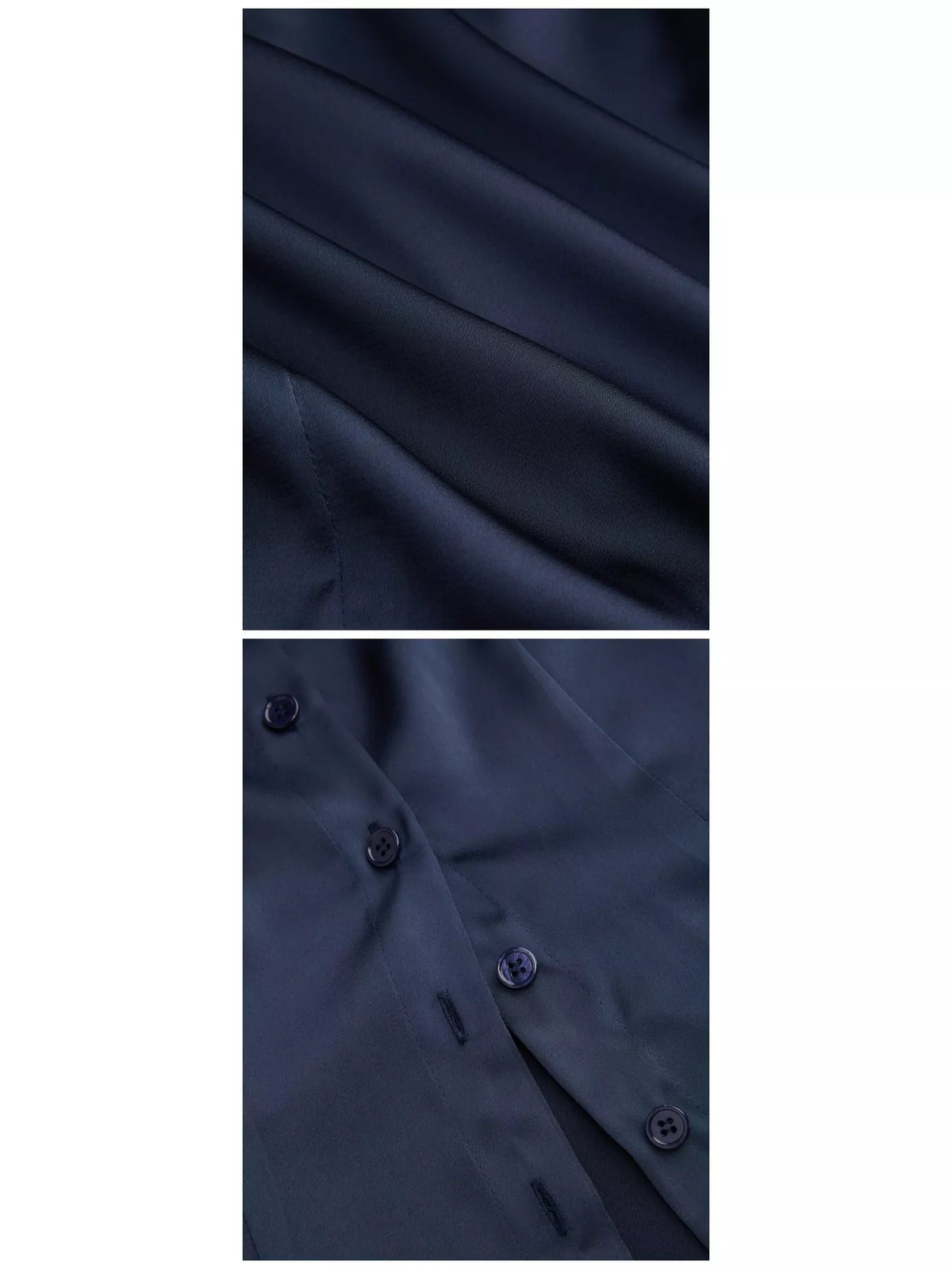 Satin Short Sleeve Button-Down Shirt, detail view in navy blue