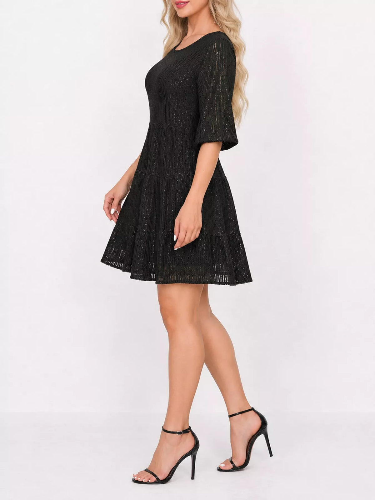 Round neck 3/4 sleeve mini dress, side view