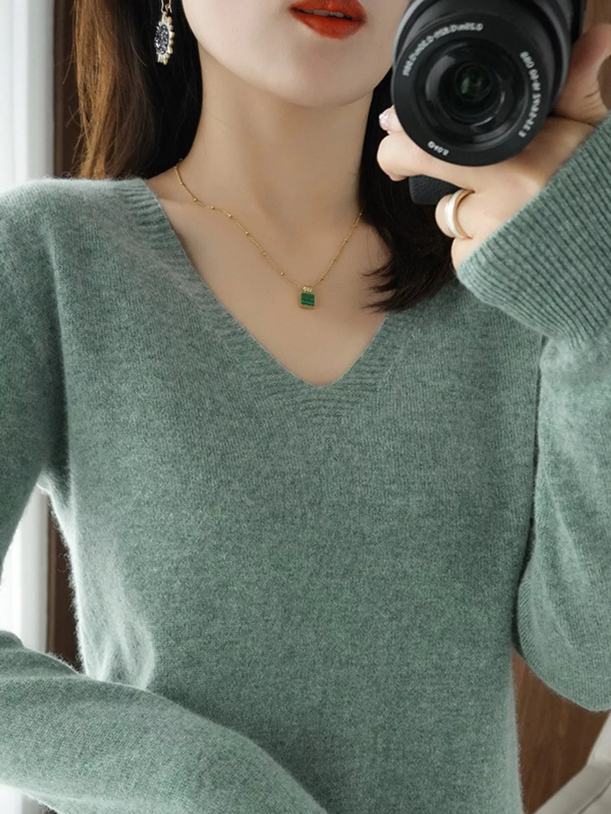 V-Neck Knit Sweater, detail view in green
