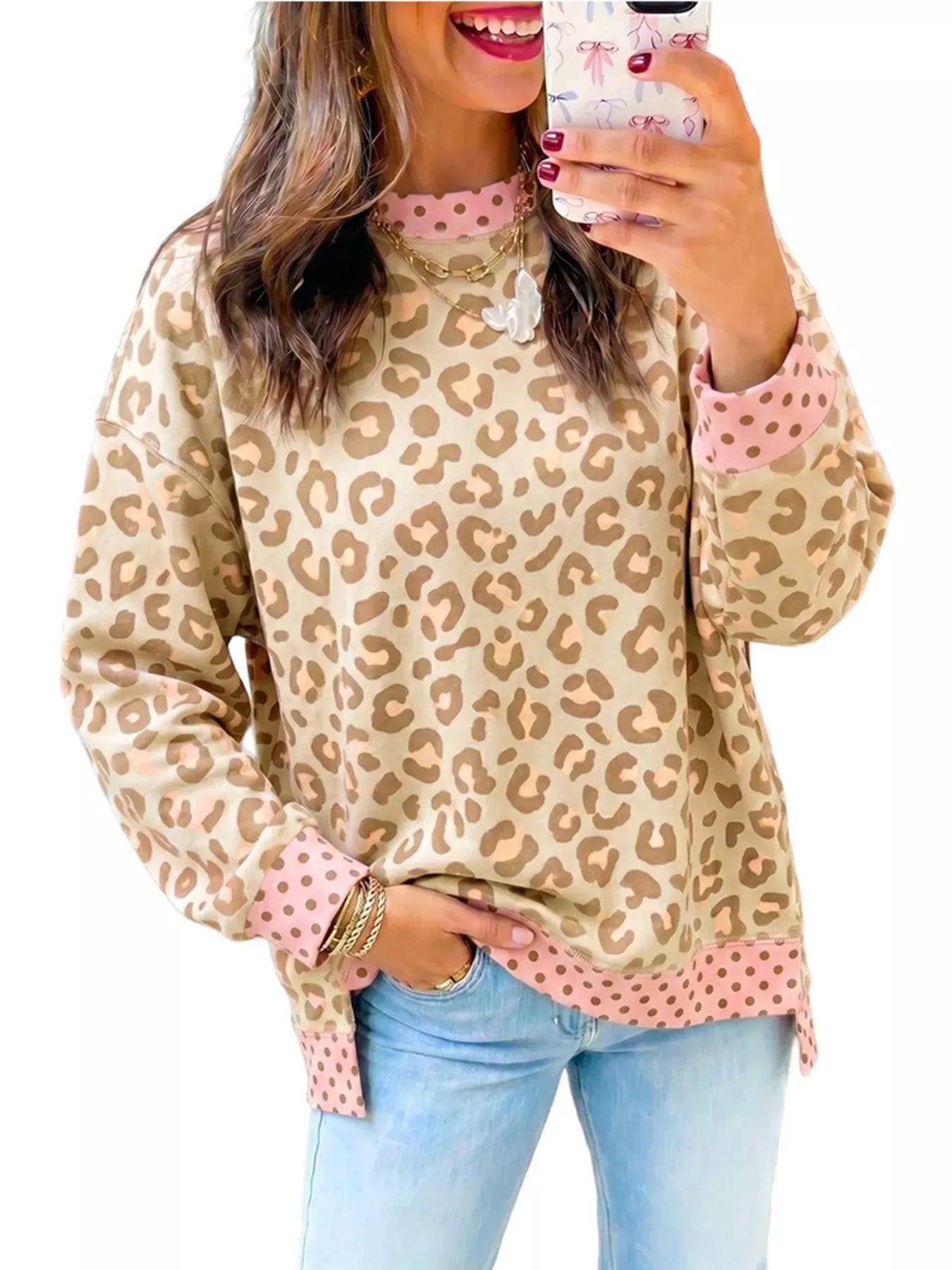 Trendsi Side Slit Leopard Sweatshirt with Polka Dot Trim -