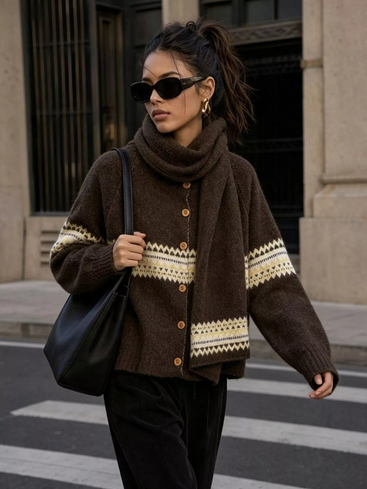 Brown geometric button-front knit cardigan, walking front view.