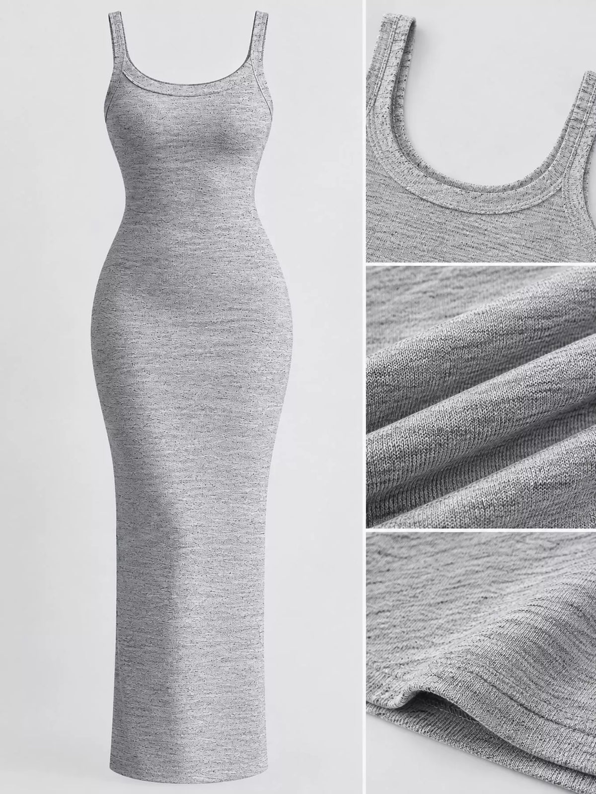 Bodycon maxi dress, gray neckline fabric and hem details