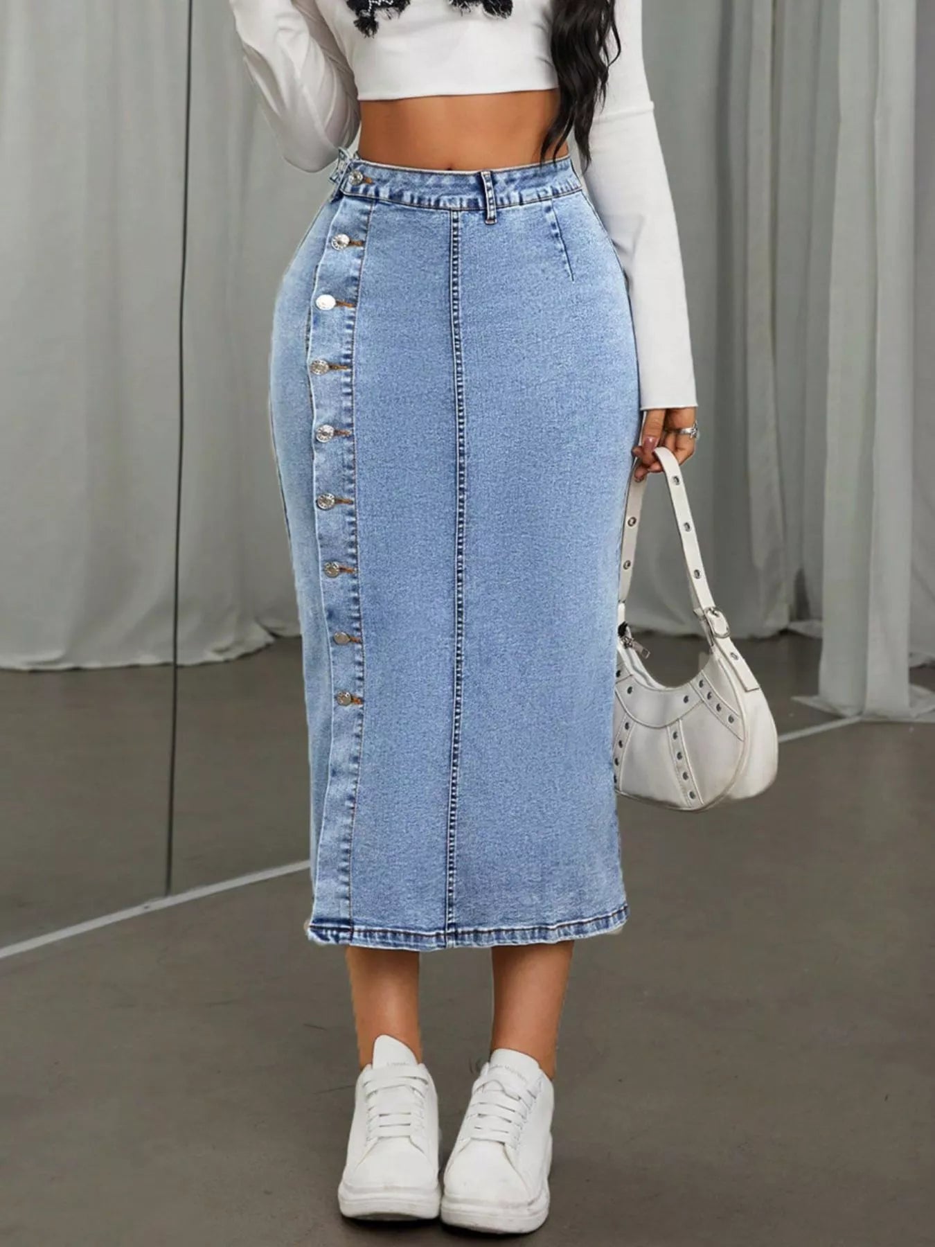 Trendsi Side Button Slit Denim Midi Skirt -