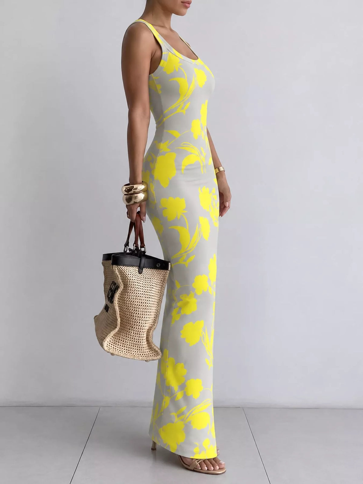 Bodycon maxi dress, yellow floral side