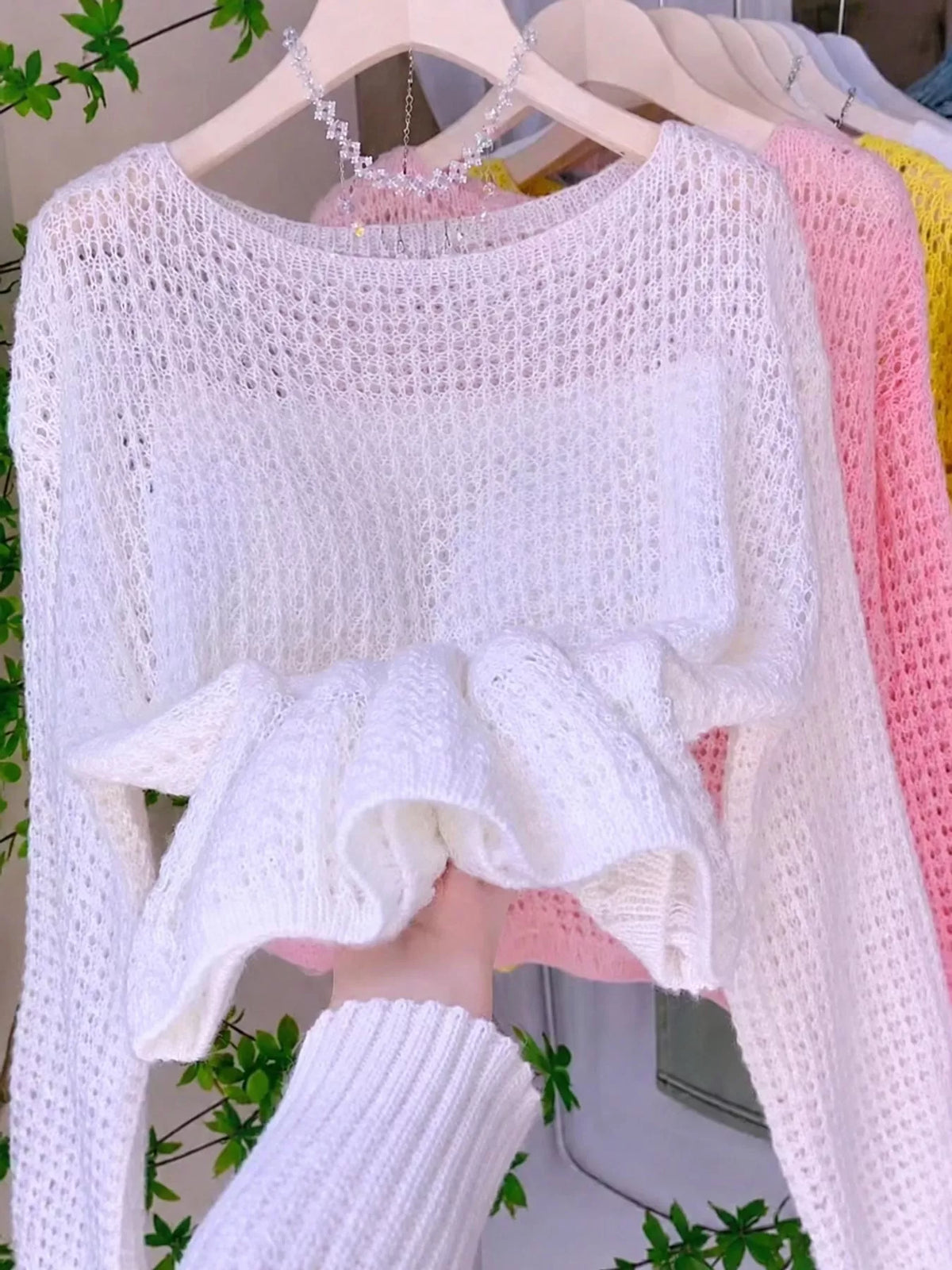 White openwork knit cover-up top