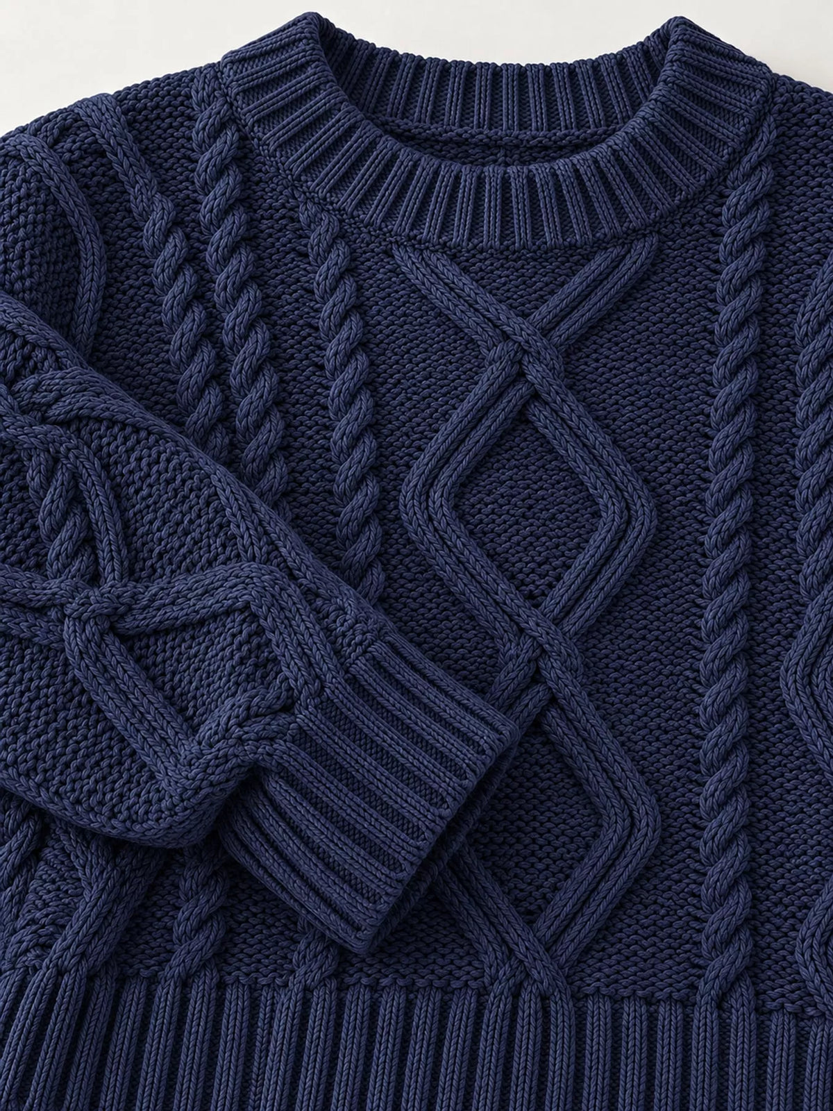 Navy cable-knit round neck sweater, detail view