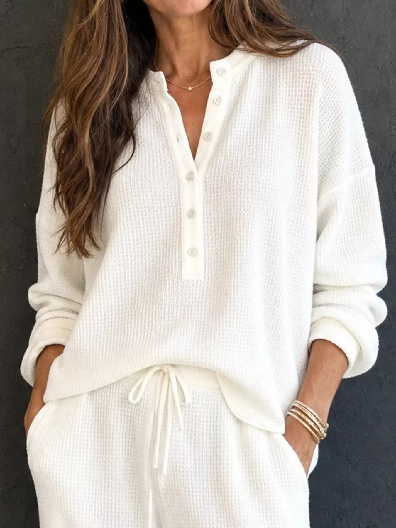 Trendsi Waffle Knit Henley Top and Wide Leg Pants Set -