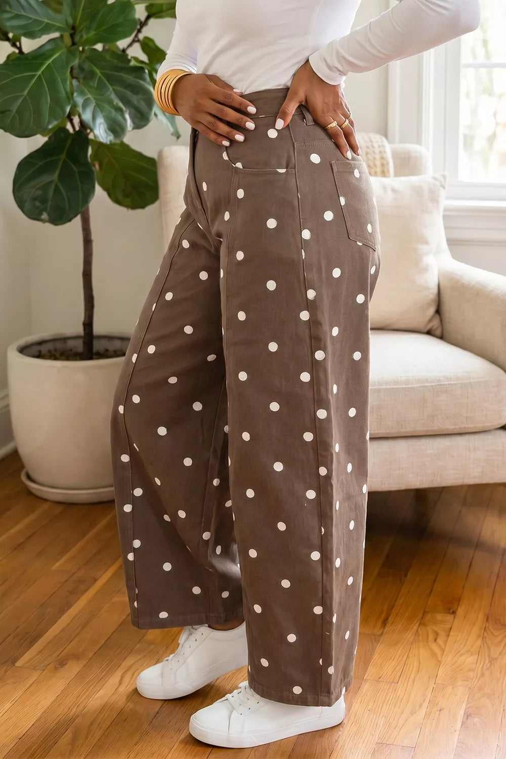 Trendsi Tailored Seam Polka Dot Print Barrel Casual Jeans -