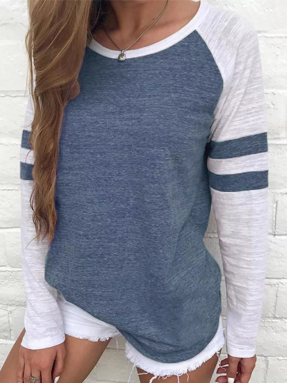 Blue color-block raglan sleeve striped t-shirt