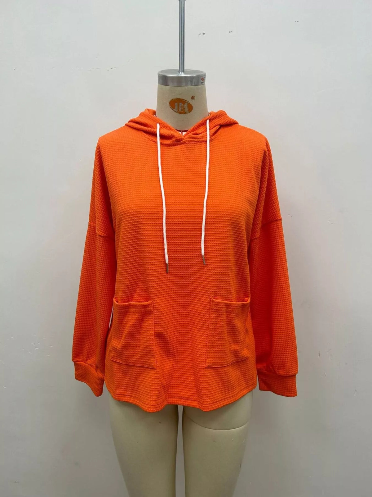 Women's Waffle Knit Drawstring Long Sleeve Hoodie in Orange, alternate view